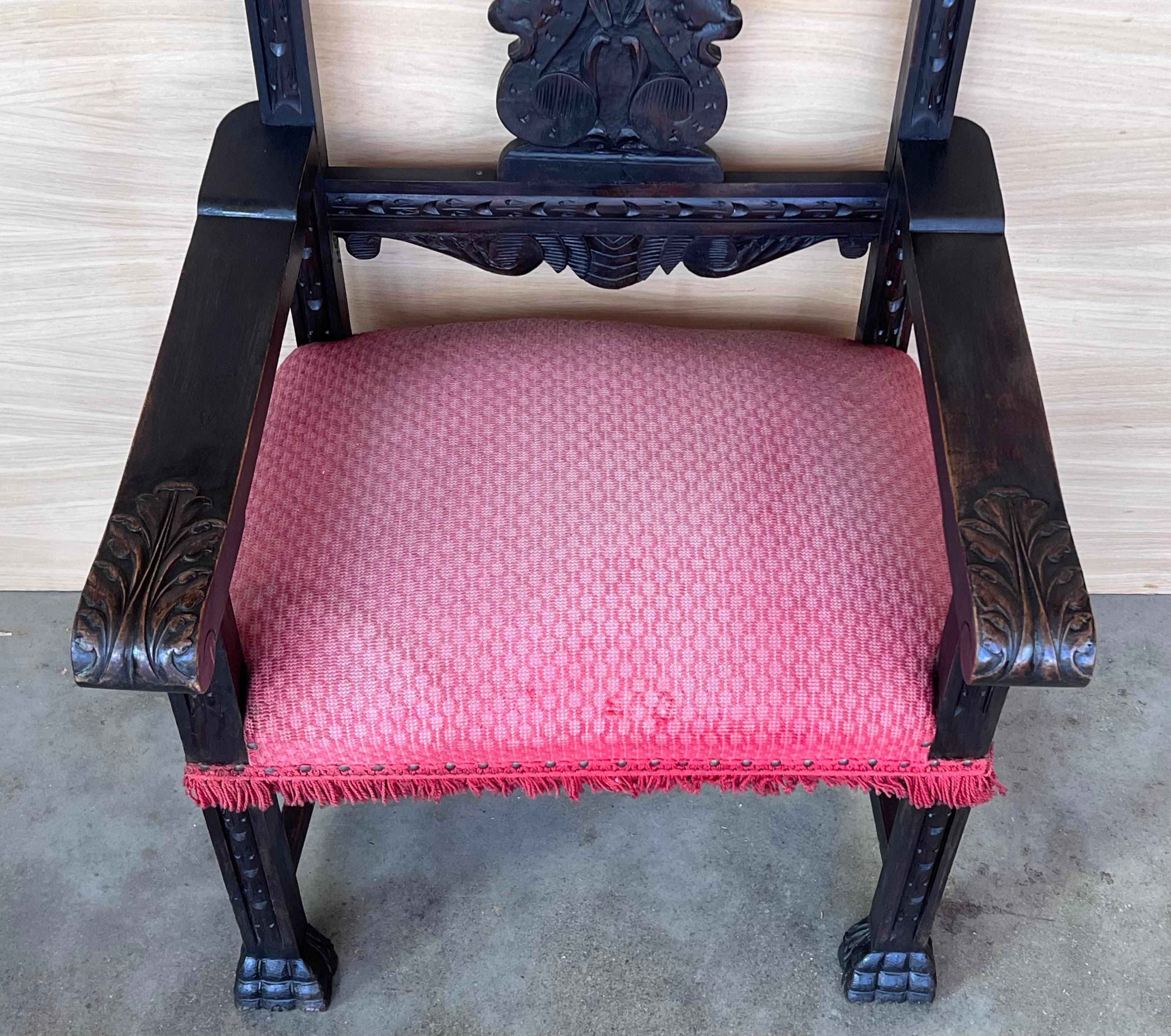 19th Spanish Colonial Altar Carved Armchair with Red Velvet Seat and Carved Back For Sale 3