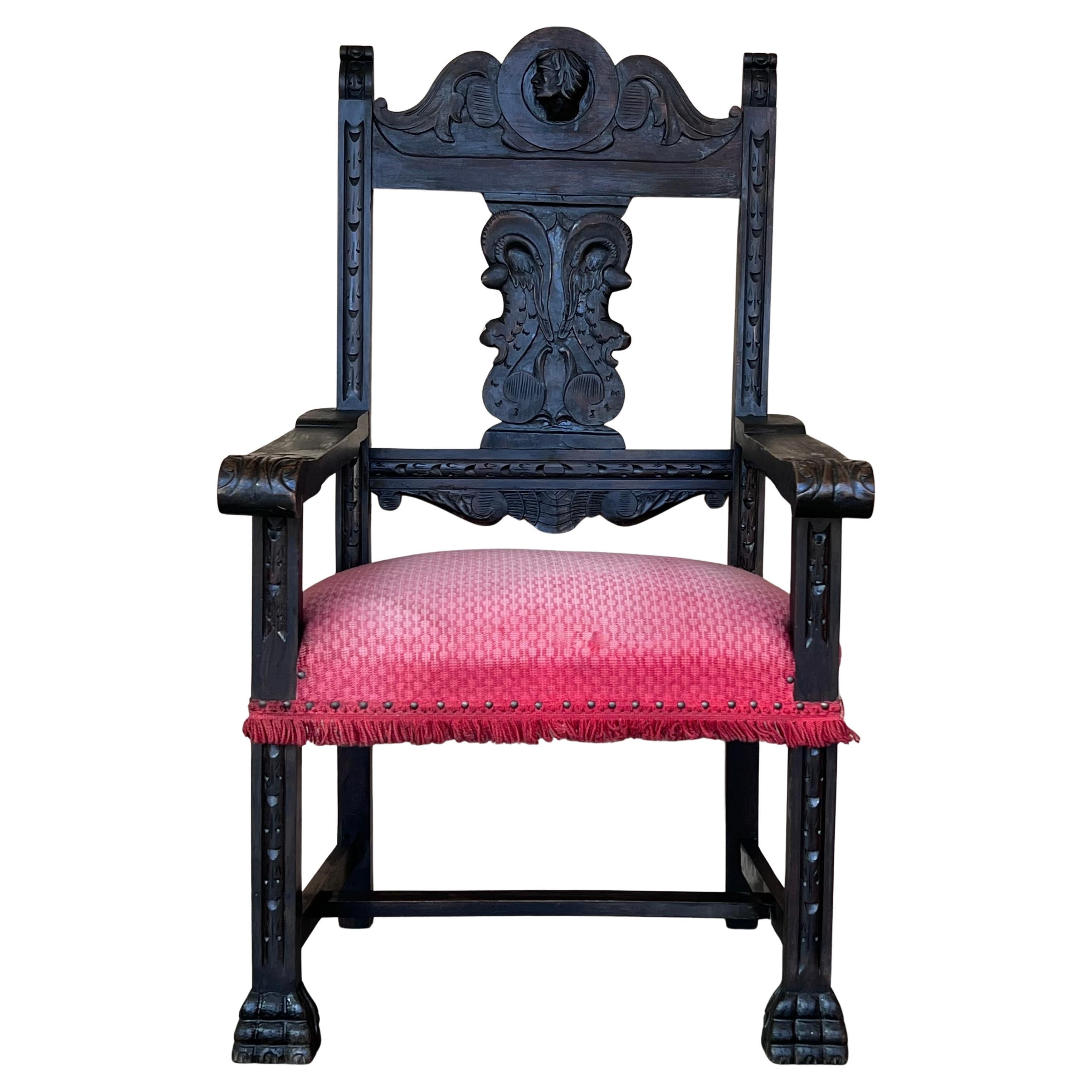 19th Spanish Colonial Altar Carved Armchair with Red Velvet Seat and Carved Back