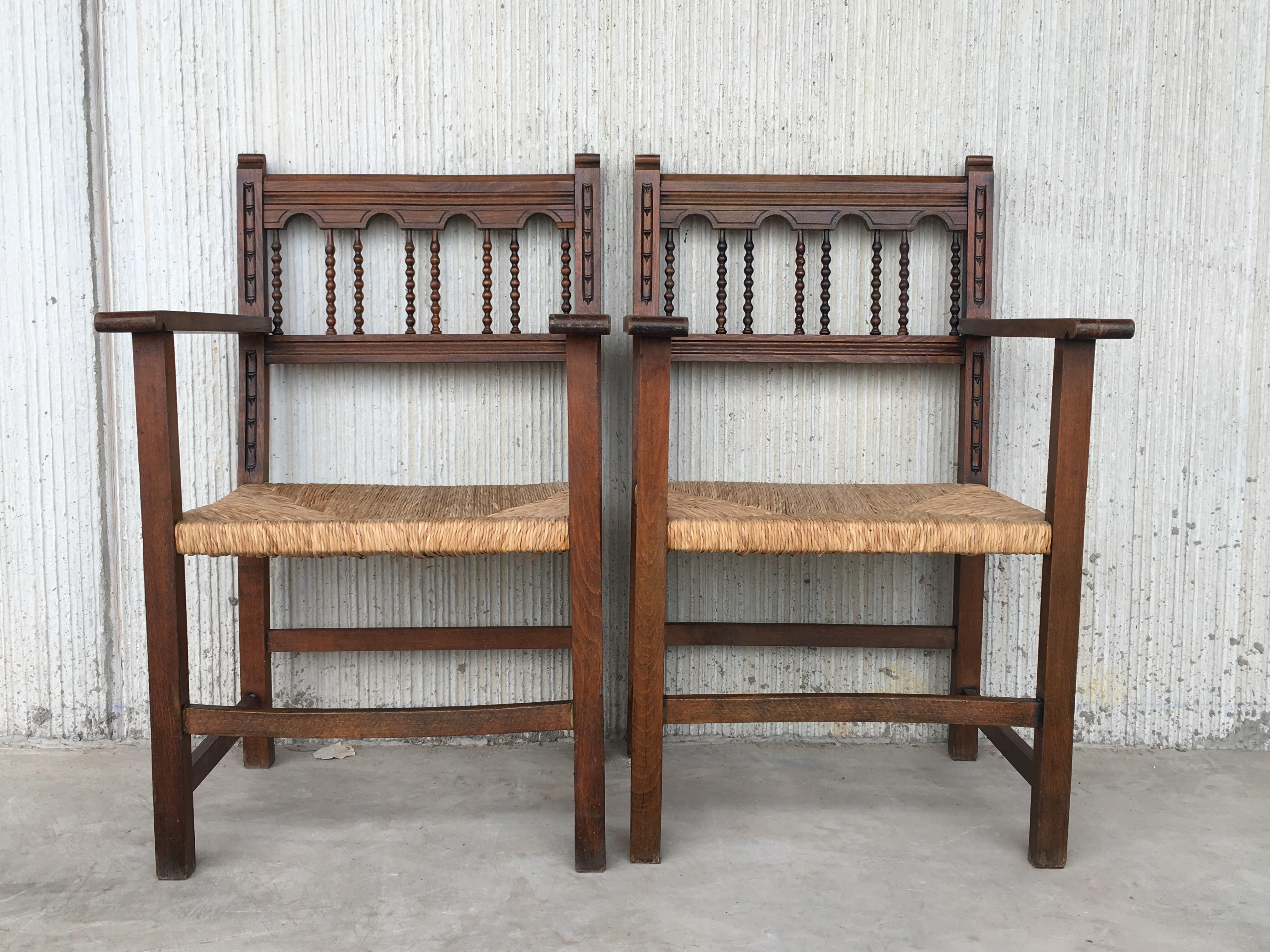 19th Spanish Colonial Altar Carved Armchairs with Caned Seat In Good Condition In Miami, FL