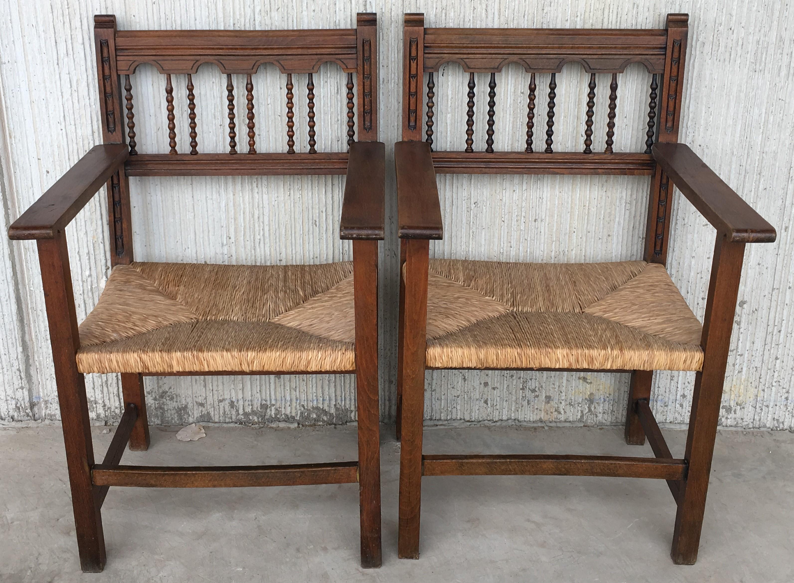 19th Century 19th Spanish Colonial Altar Carved Armchairs with Caned Seat