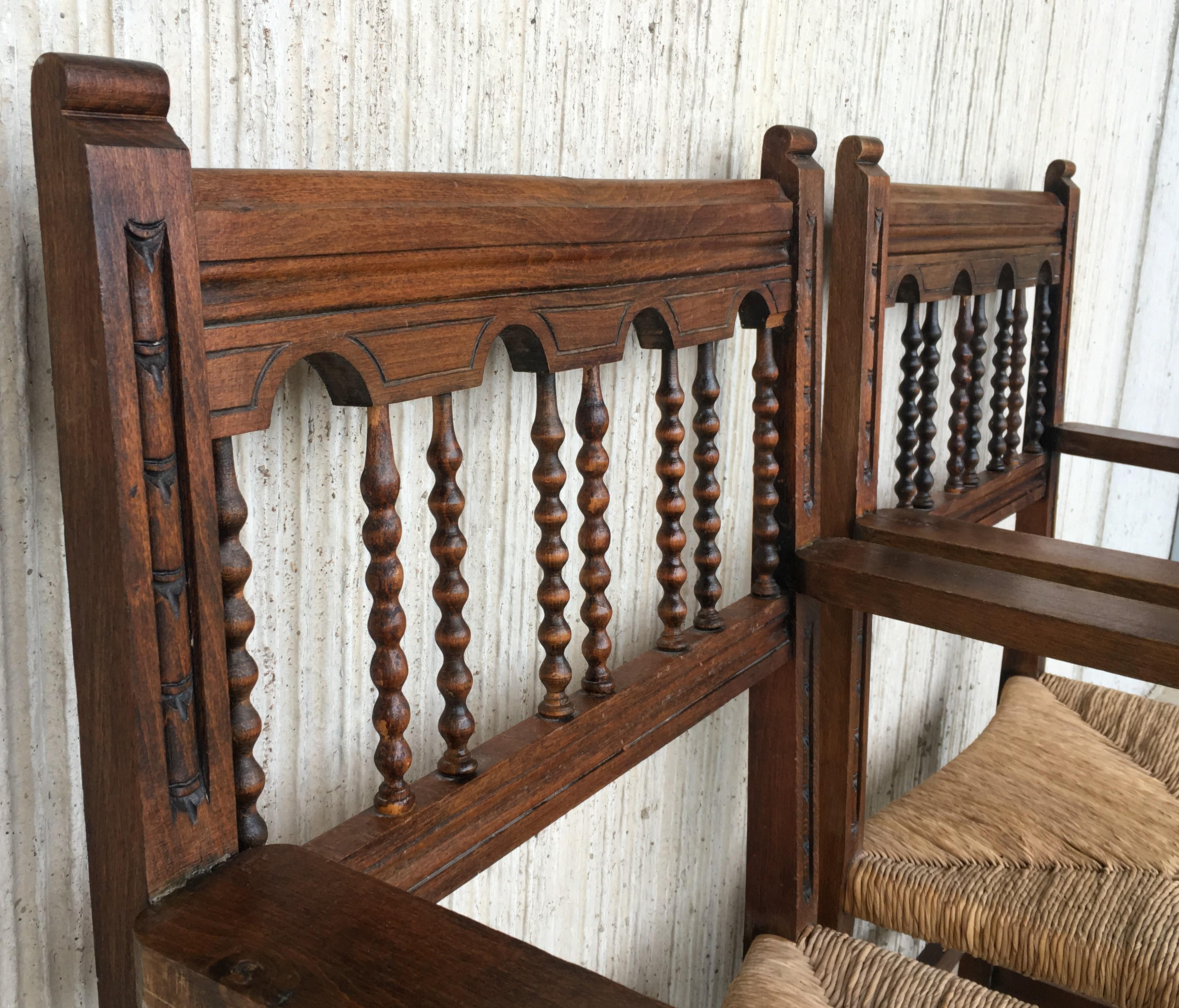 19th Spanish Colonial Altar Carved Armchairs with Caned Seat 5