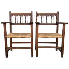 19th Spanish Colonial Altar Carved Armchairs with Caned Seat