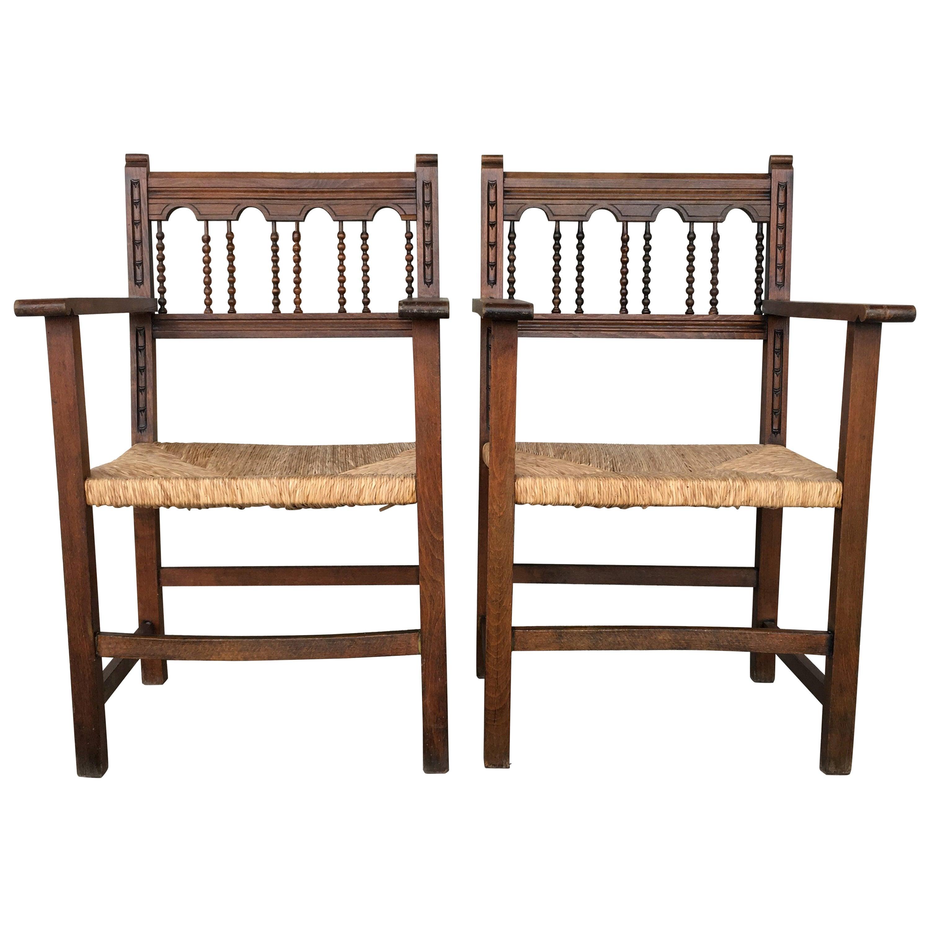 19th Spanish Colonial Altar Carved Armchairs with Caned Seat