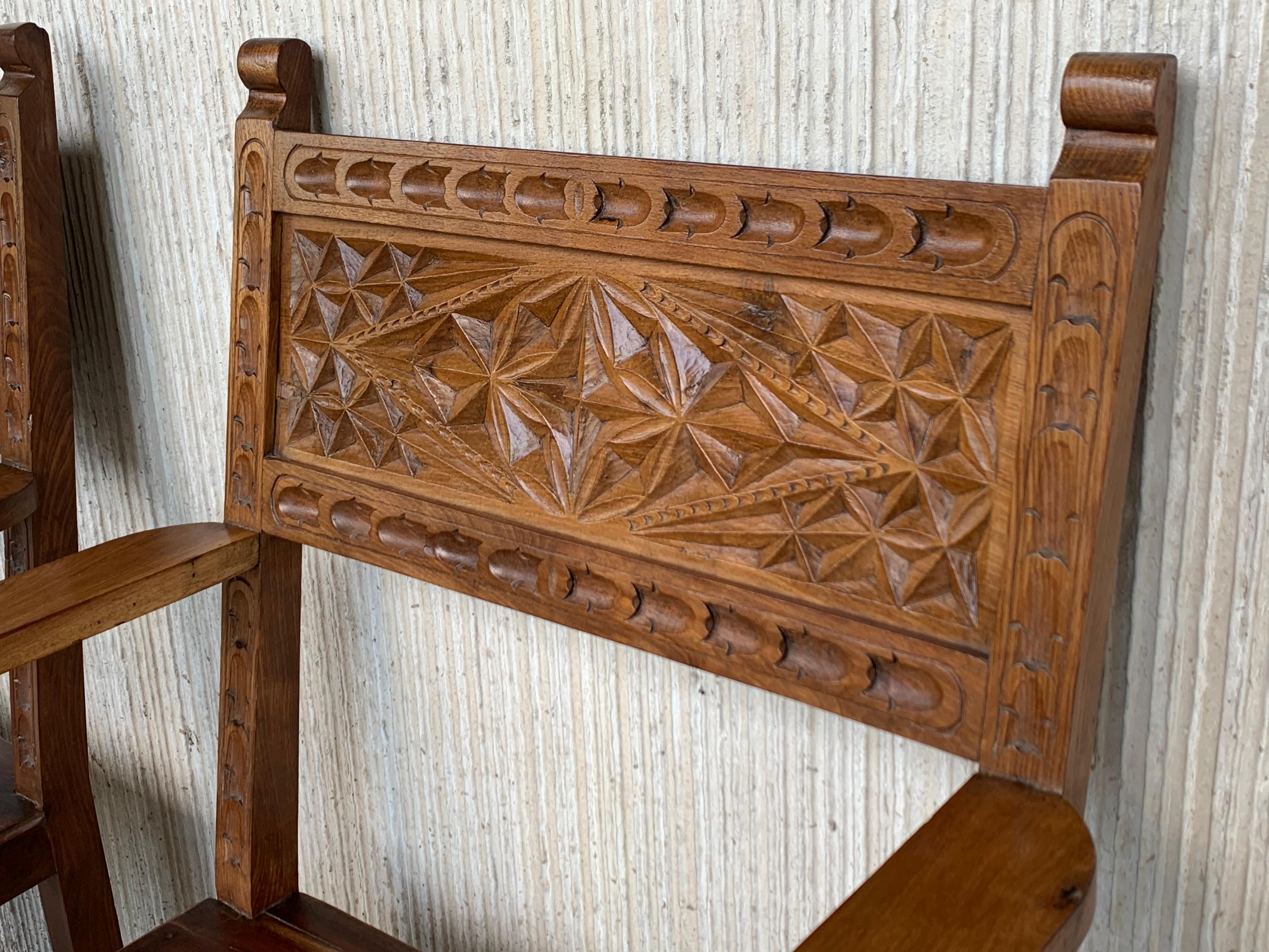 19th Century Spanish Colonial Altar Carved Armchairs with Wood Seat 1