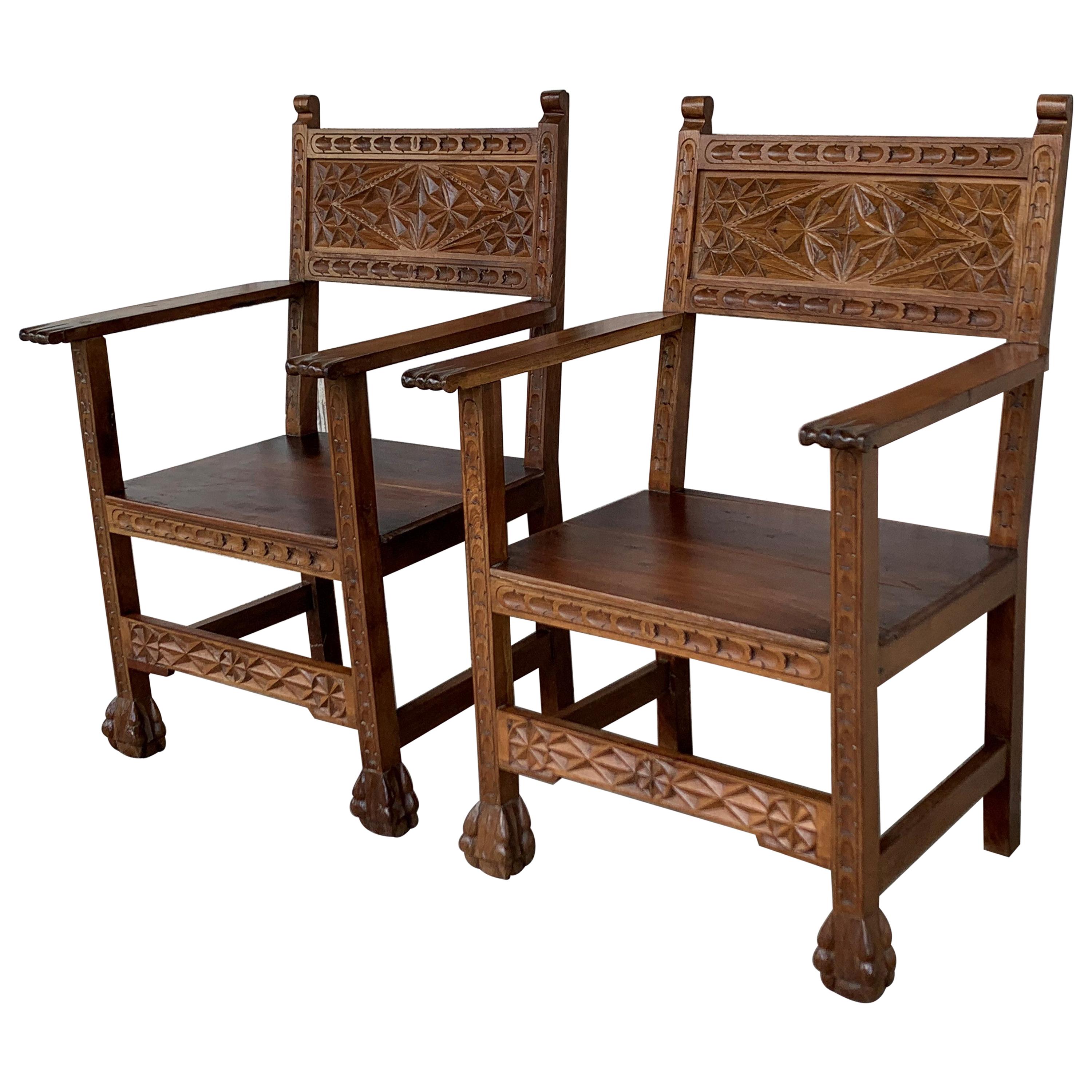 19th Century Spanish Colonial Altar Carved Armchairs with Wood Seat