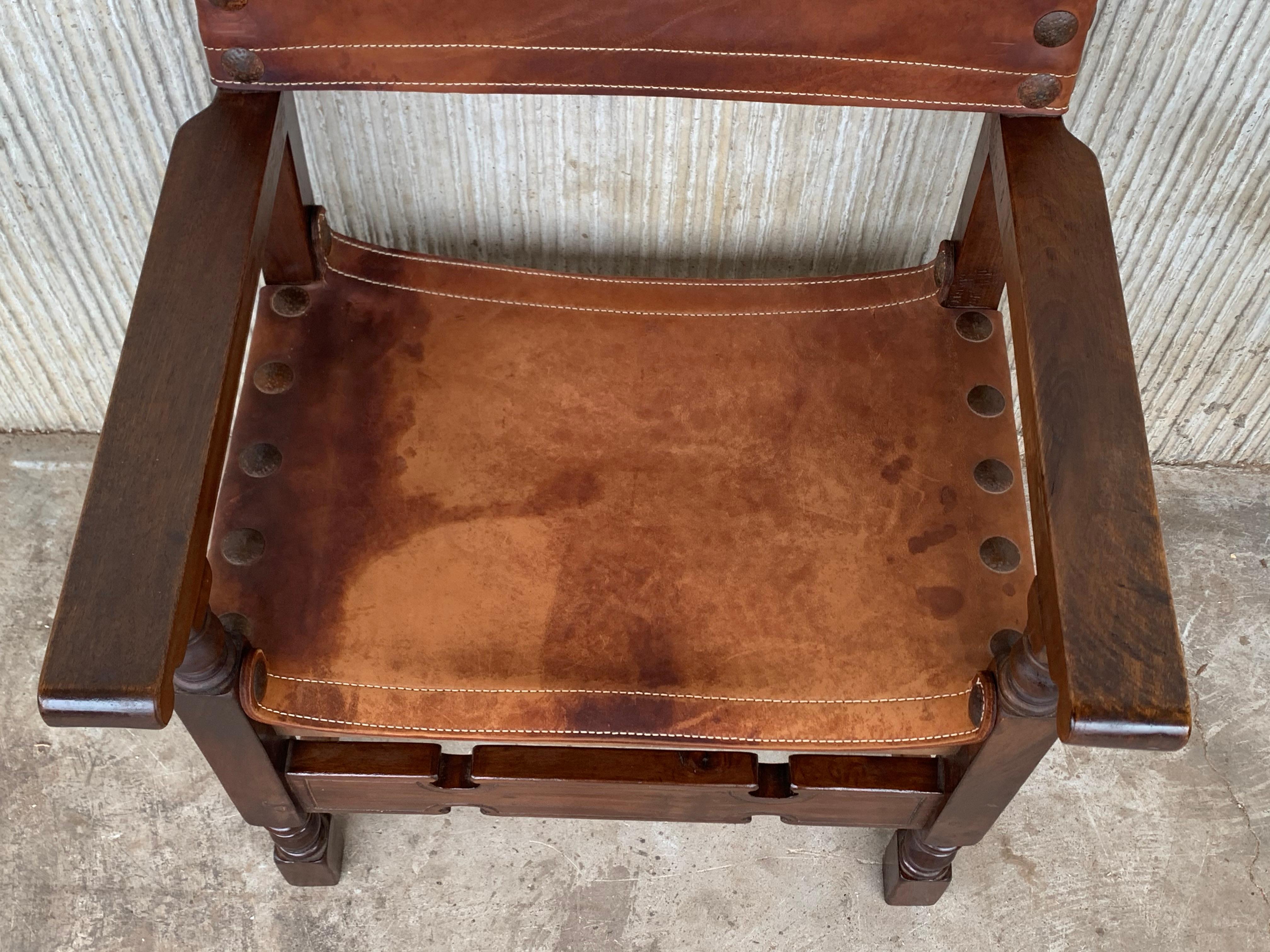 19th Spanish Colonial Throne Armchair with Leather For Sale 5