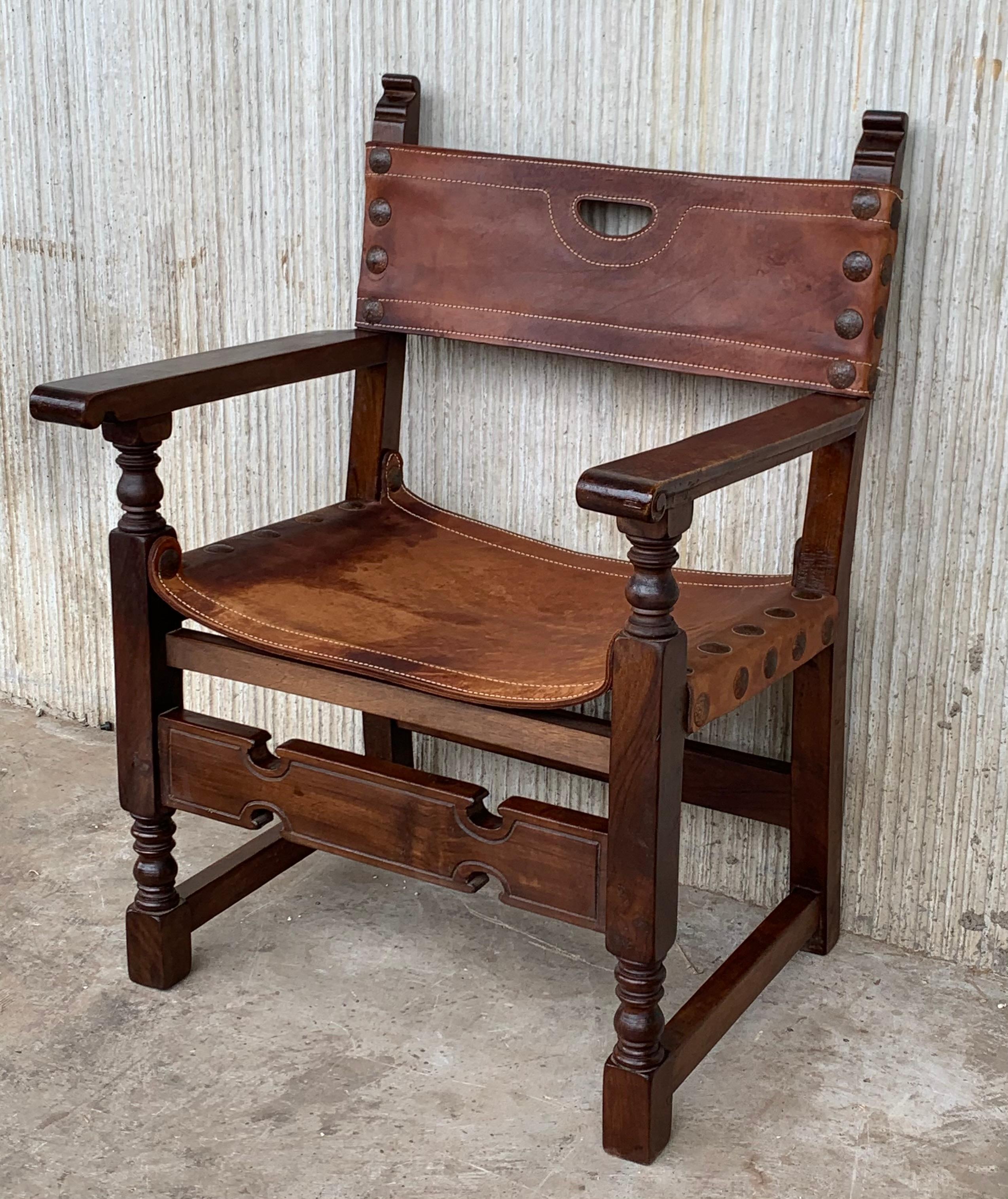 19th Century 19th Spanish Colonial Throne Armchair with Leather For Sale