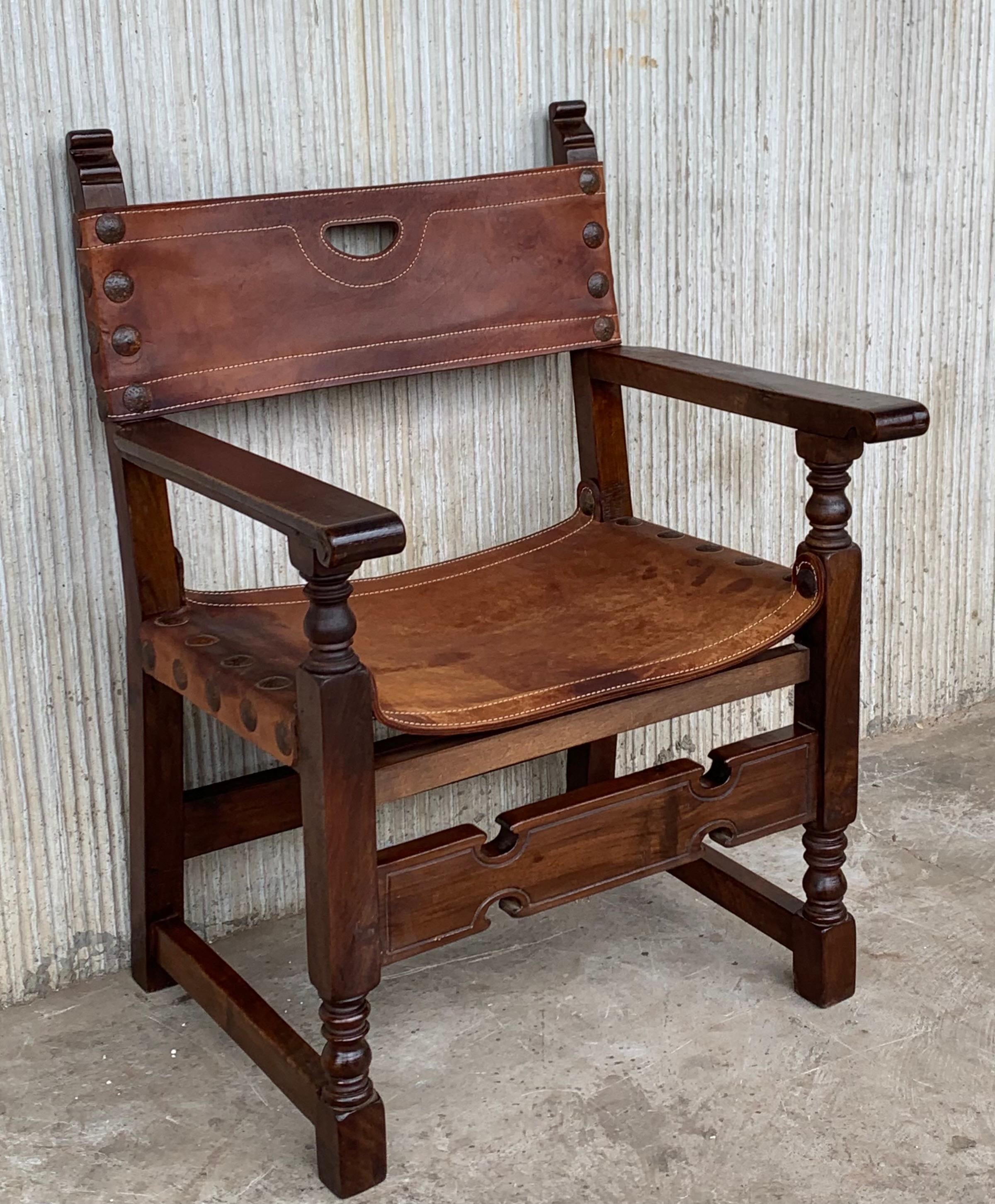 Walnut 19th Spanish Colonial Throne Armchair with Leather For Sale