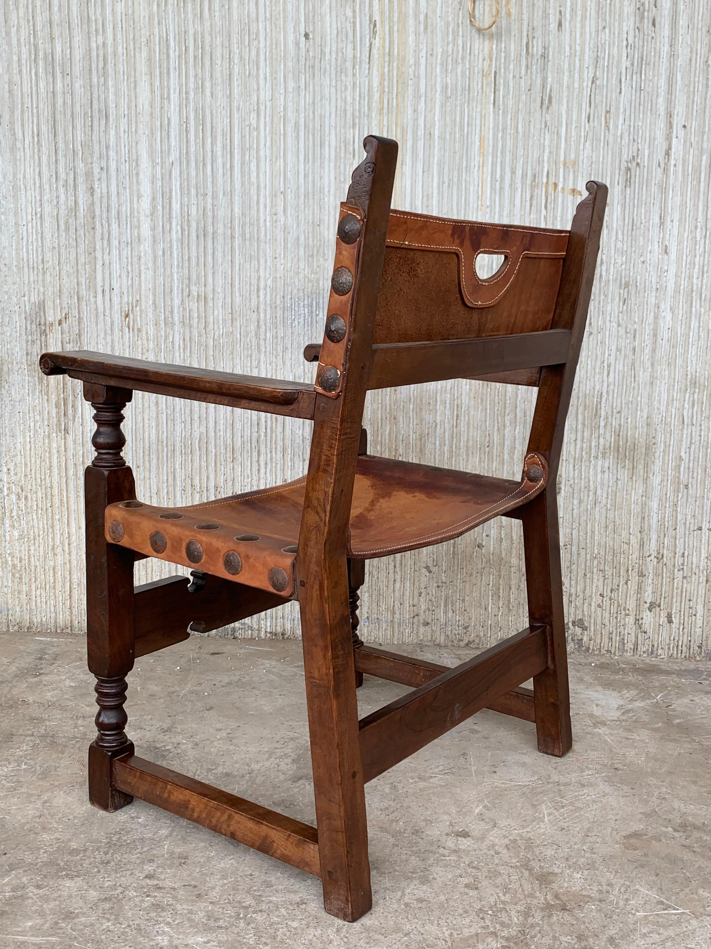 19th Spanish Colonial Throne Armchair with Leather For Sale 1