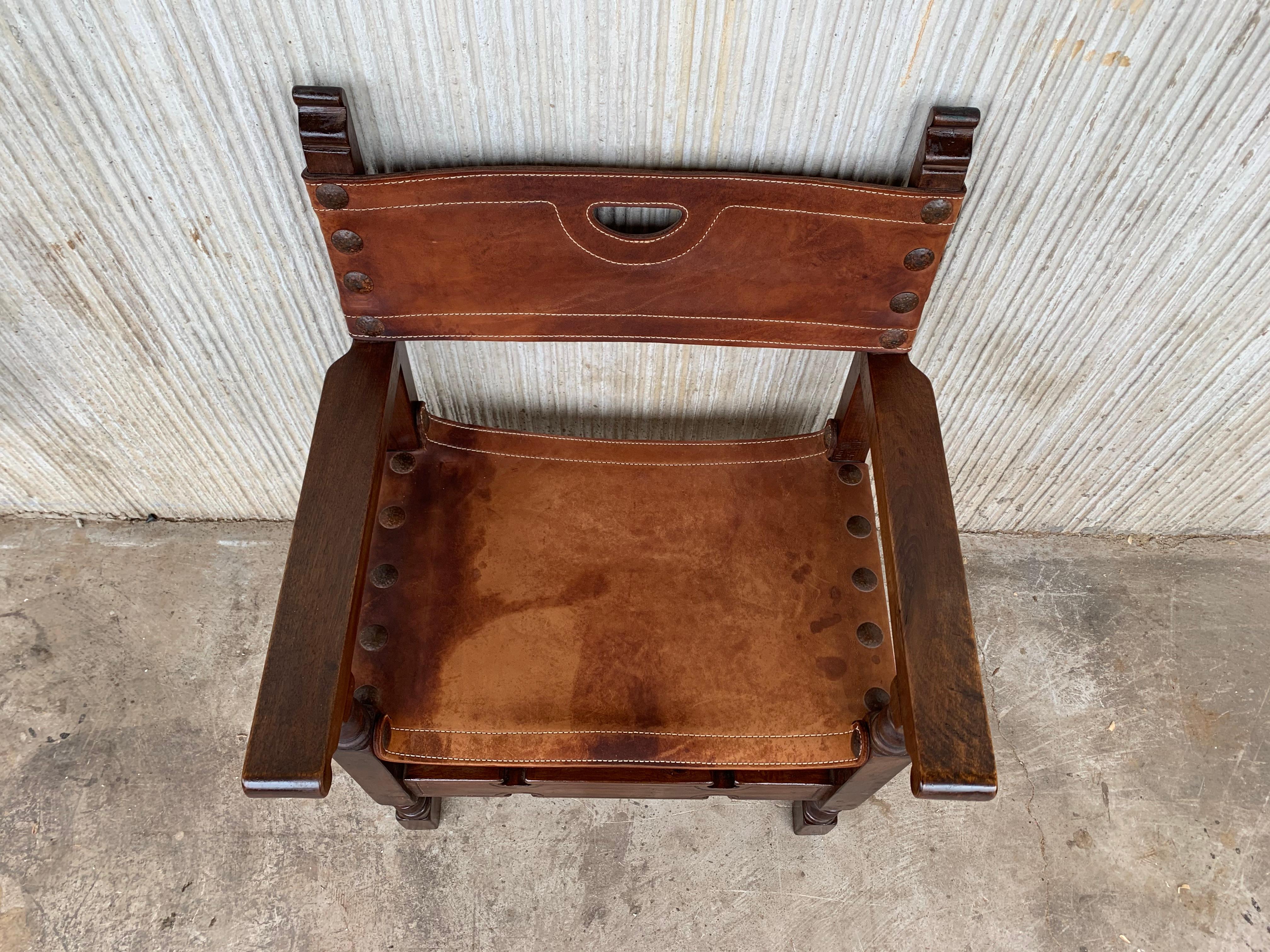 19th Spanish Colonial Throne Armchair with Leather For Sale 2