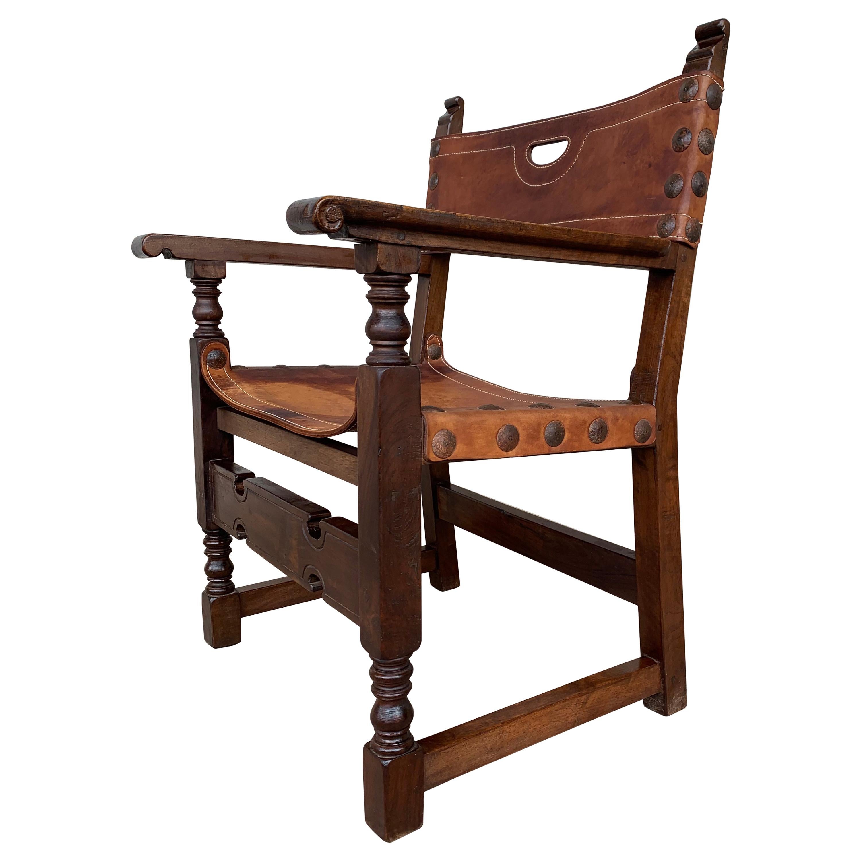 19th Spanish Colonial Throne Armchair with Leather