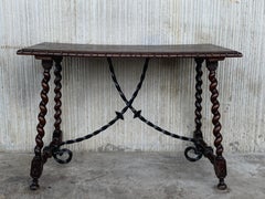 19th Spanish Console or Desk Table with Iron Stretcher and Solomonic Legs