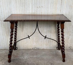 19th Spanish Console or Desk Table with Iron Stretcher and Solomonic Legs