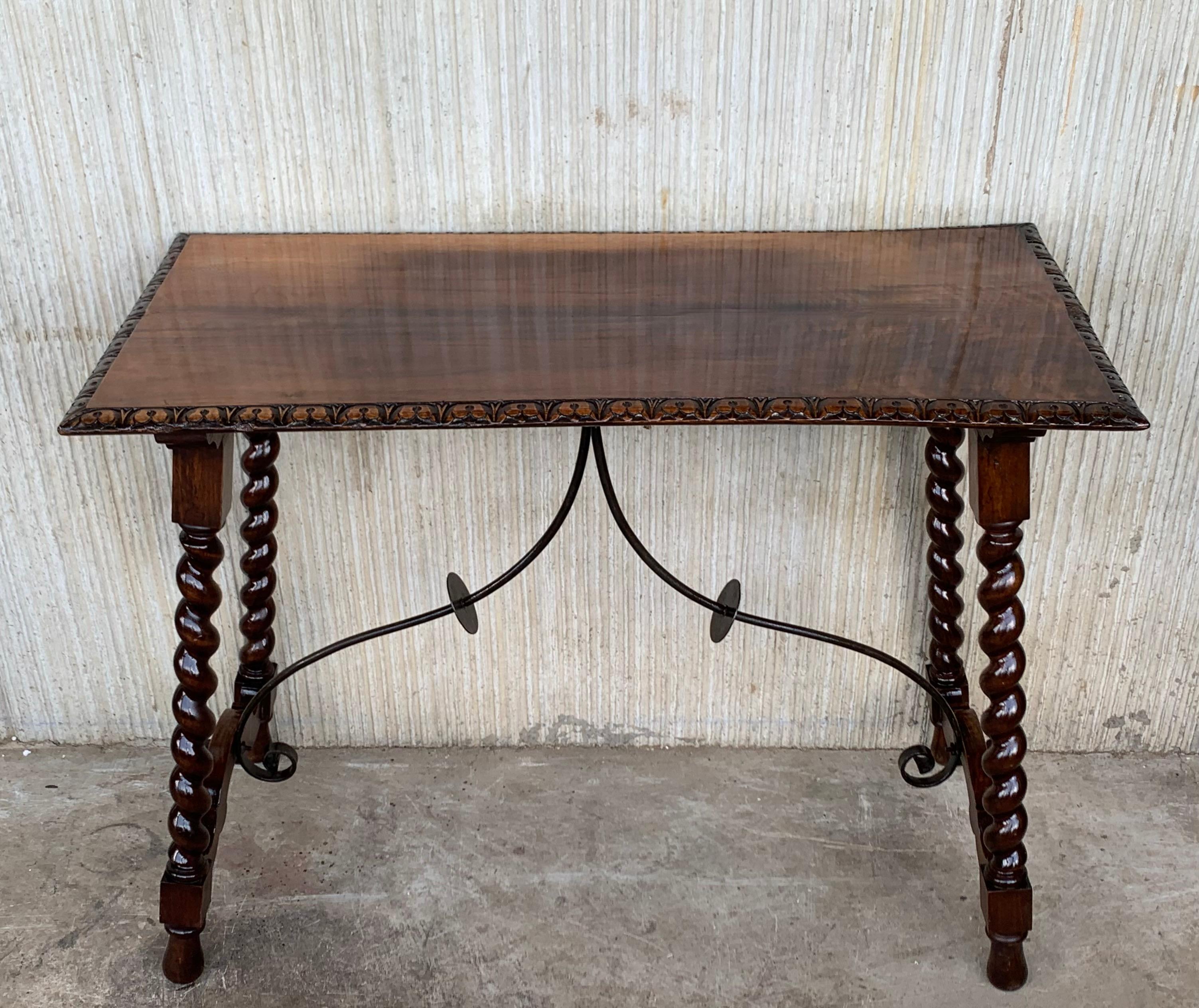 Baroque 19th Spanish Console or Desk Table with Iron Stretcher and Solomonic Legs