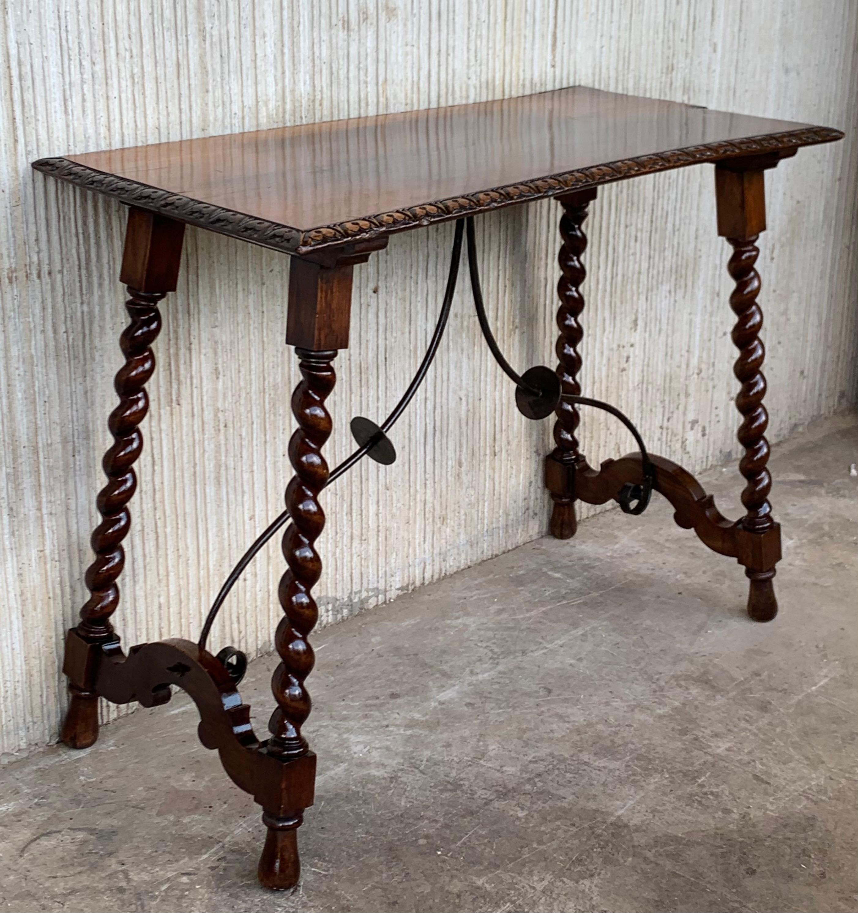 19th Century 19th Spanish Console or Desk Table with Iron Stretcher and Solomonic Legs