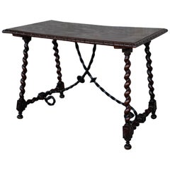 19th Spanish Console or Desk Table with Iron Stretcher and Solomonic Legs