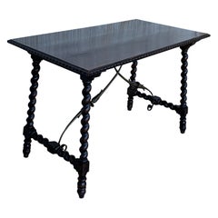 19th Spanish Console or Desk Table with Iron Stretcher and Solomonic Legs