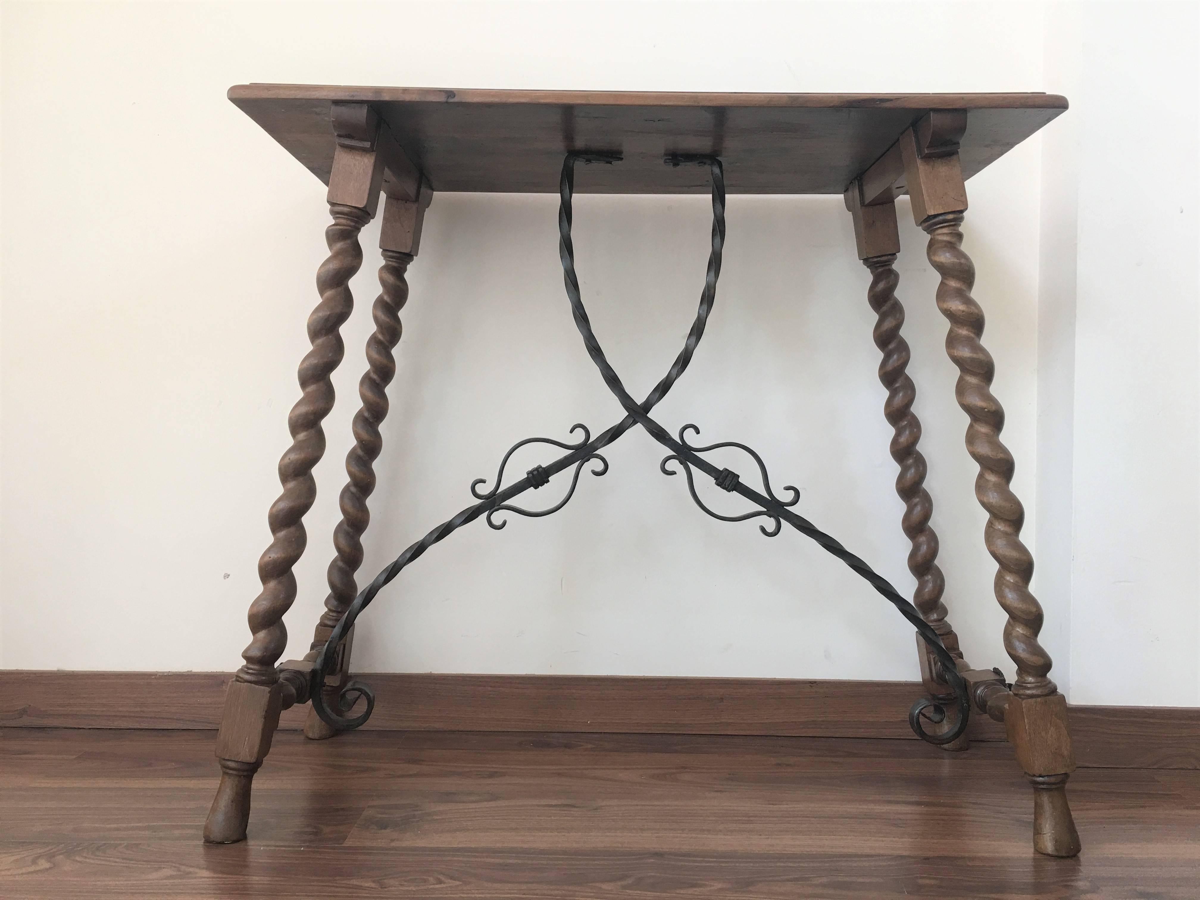 19th Century 19th Spanish Console table with Iron Stretcher & turned legs.Side Table. Baroque
