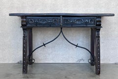 19th Spanish Console Table with Two Carved Drawers and Original Hardware