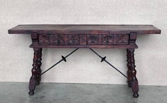 19th Spanish Console Table with Two Carved Drawers and Original Hardware