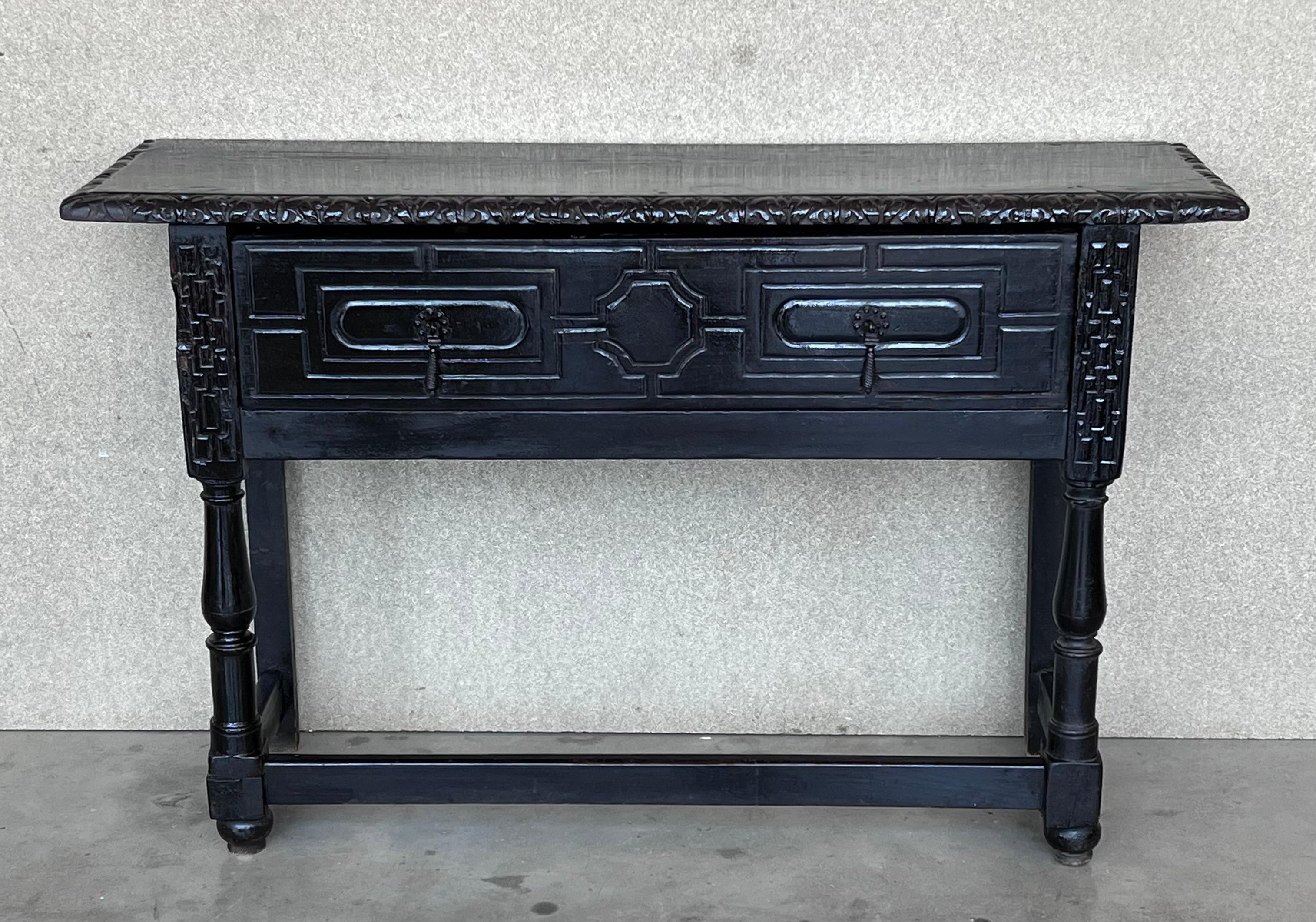 Baroque 19th Spanish Console Table with Two Carved Drawers and Original Hardware