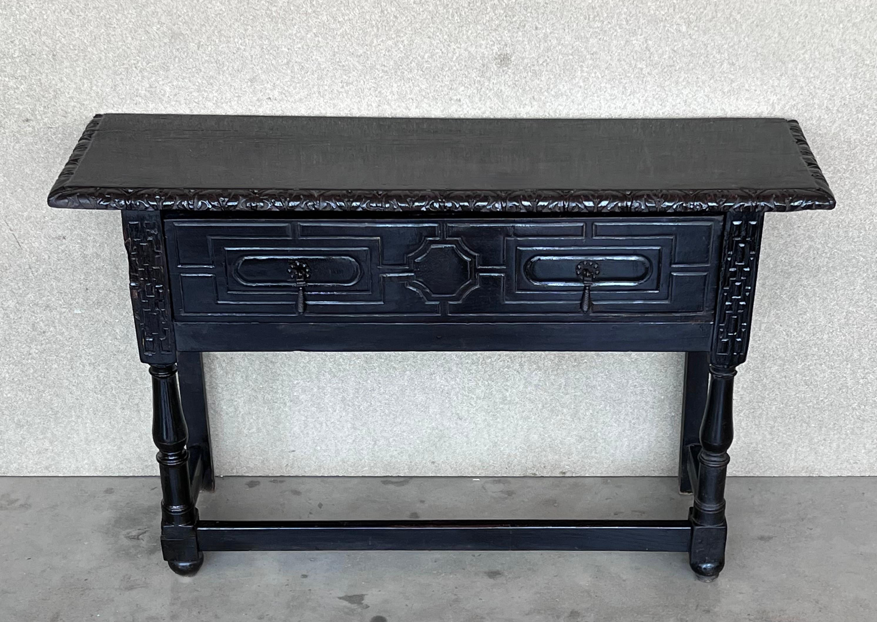 19th Spanish Console Table with Two Carved Drawers and Original Hardware In Good Condition In Miami, FL