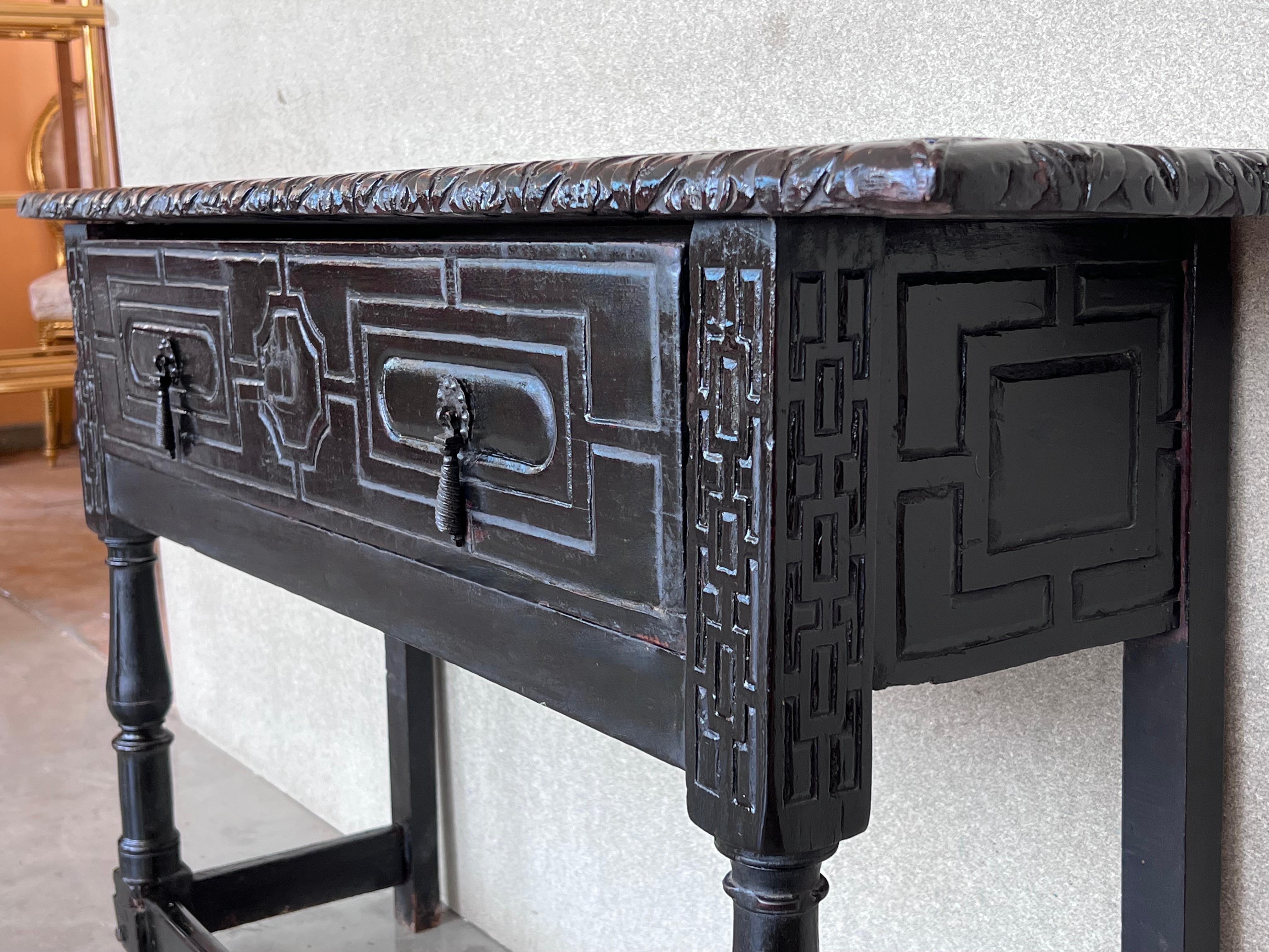 19th Century 19th Spanish Console Table with Two Carved Drawers and Original Hardware