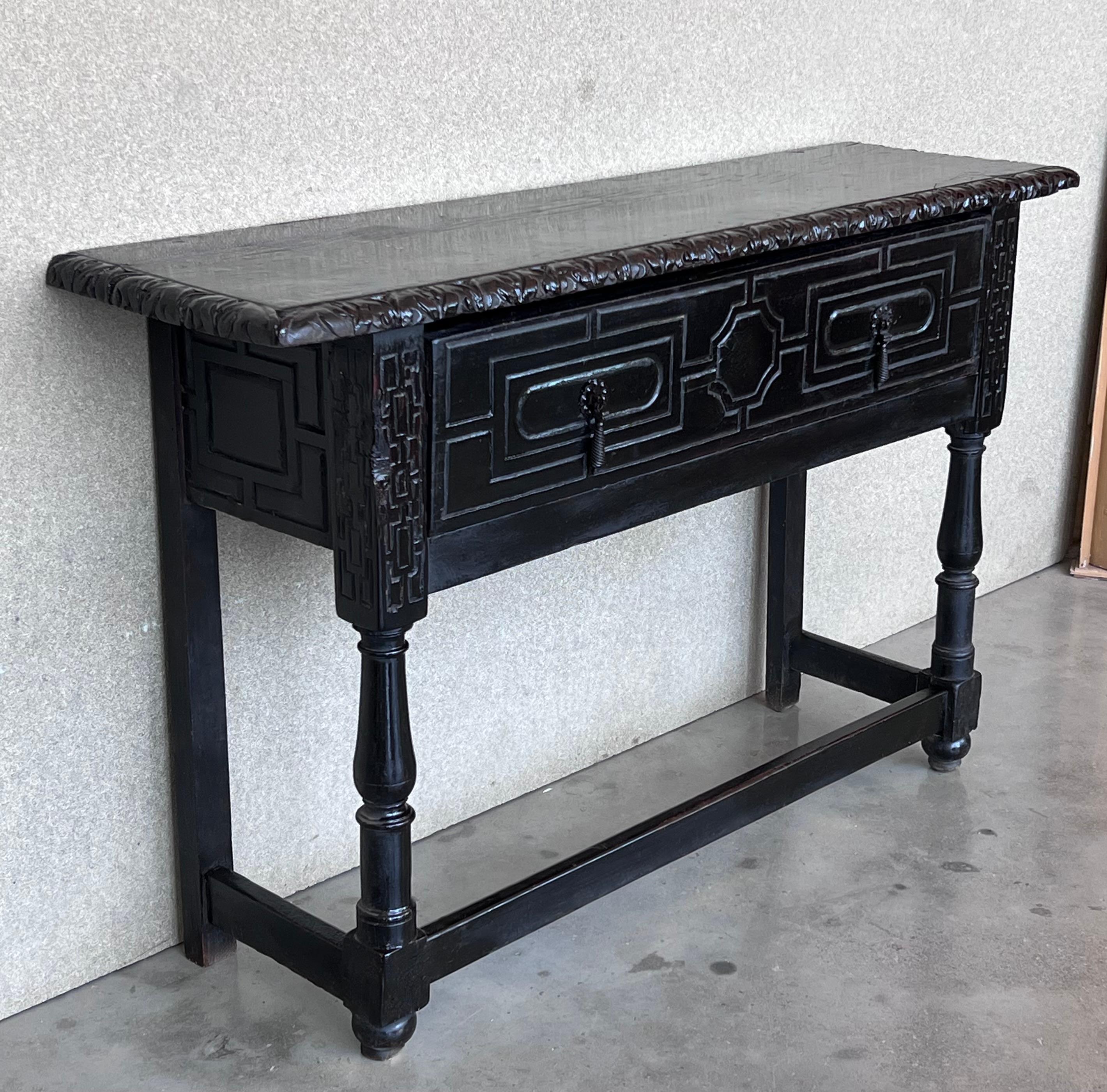 Iron 19th Spanish Console Table with Two Carved Drawers and Original Hardware