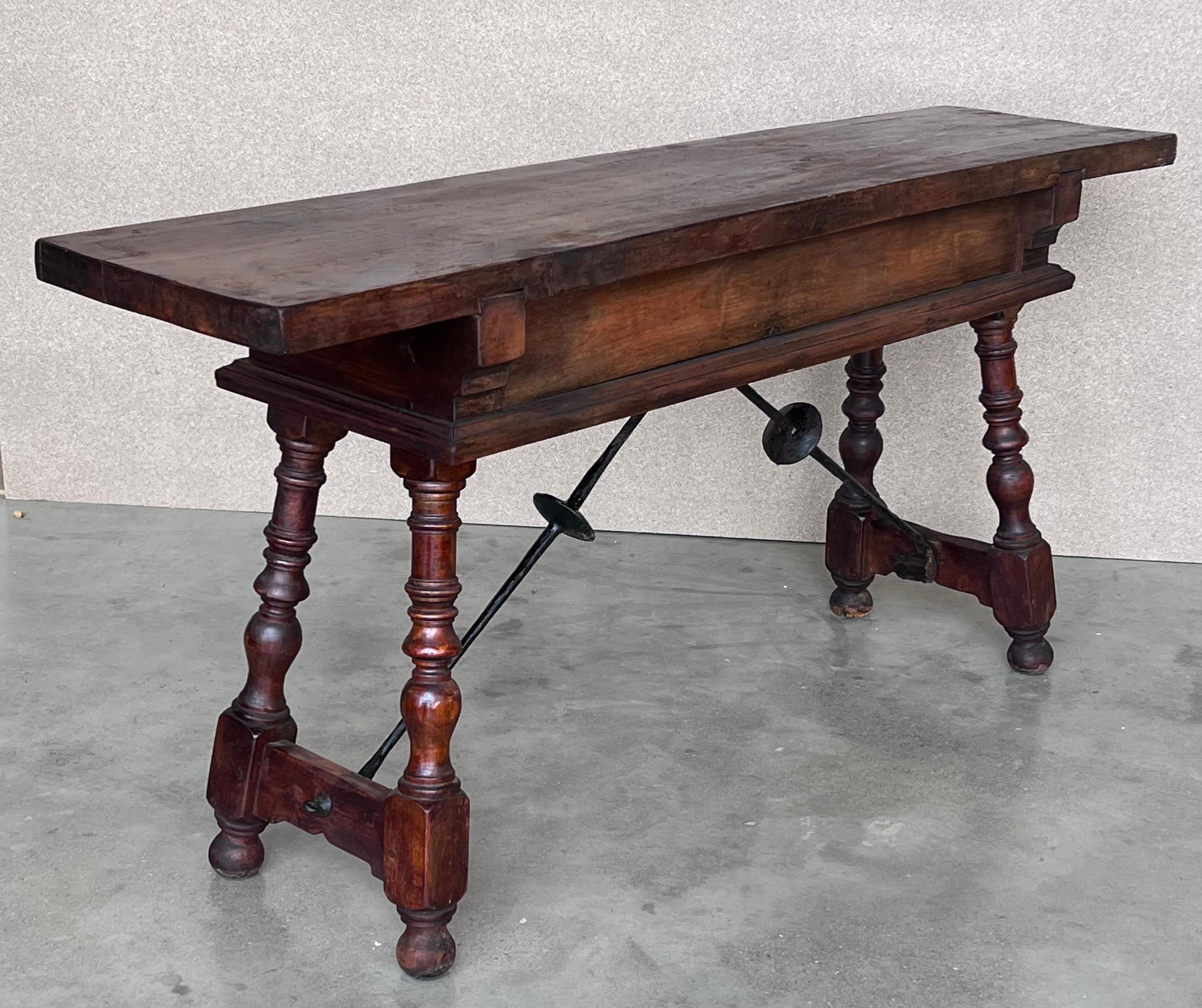 Iron 19th Spanish Console Table with Two Carved Drawers and Original Hardware For Sale