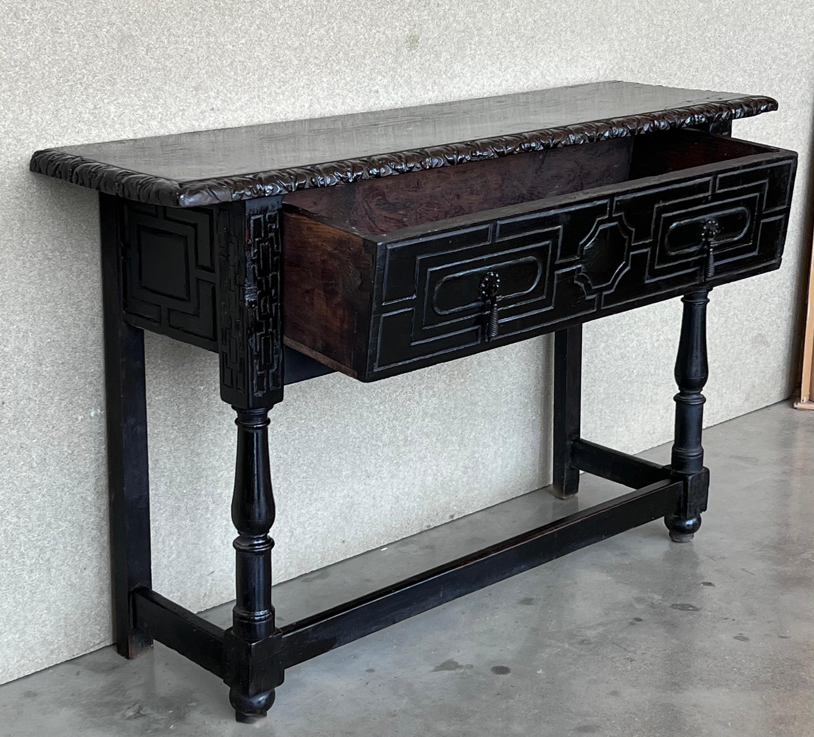 19th Spanish Console Table with Two Carved Drawers and Original Hardware 1