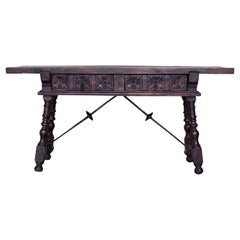 19th Spanish Console Table with Two Carved Drawers and Original Hardware