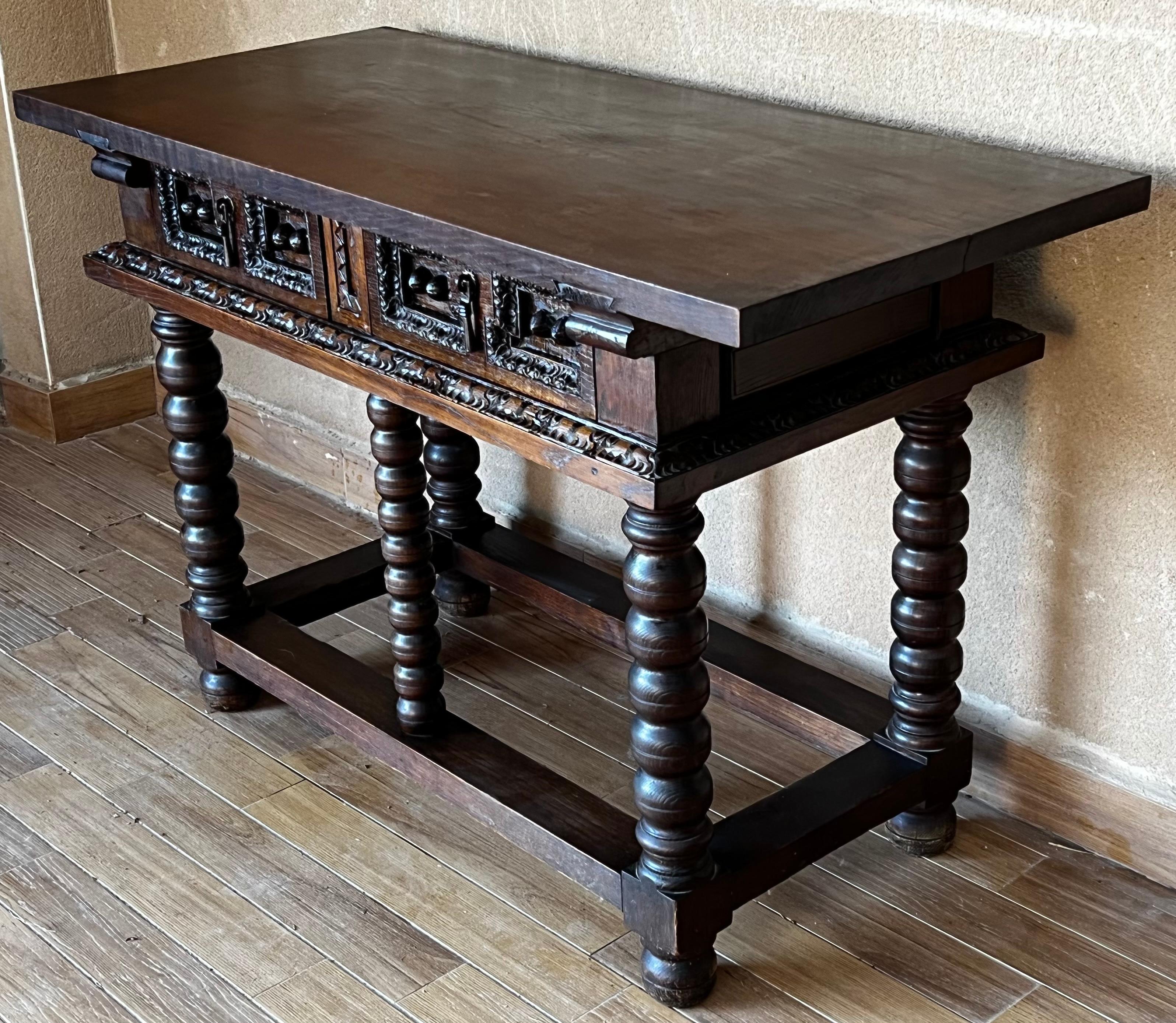 19th Spanish Console Two Side Table with Carved Drawers and Original Hardware 4