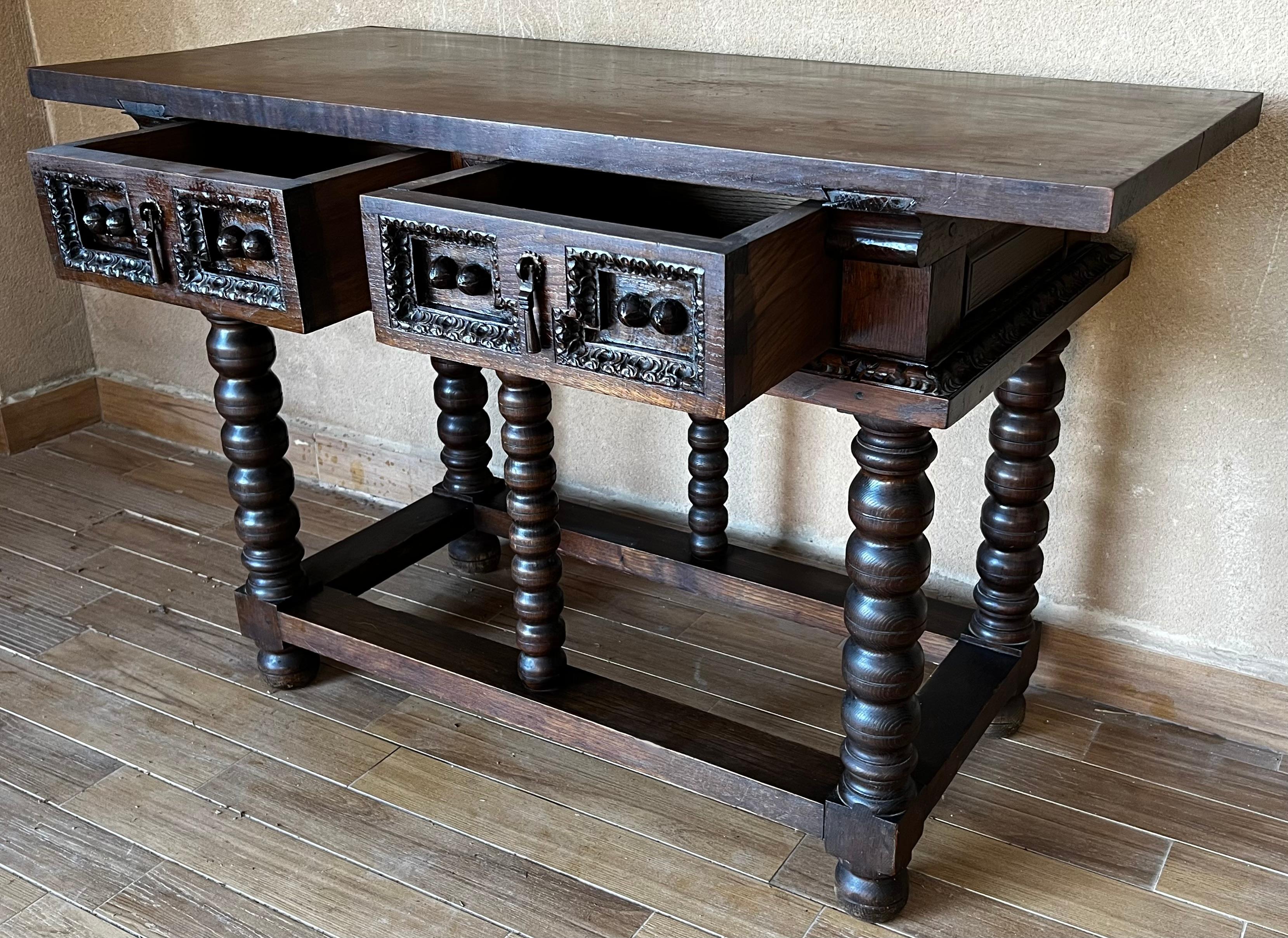 19th Spanish Console Two Side Table with Carved Drawers and Original Hardware 7