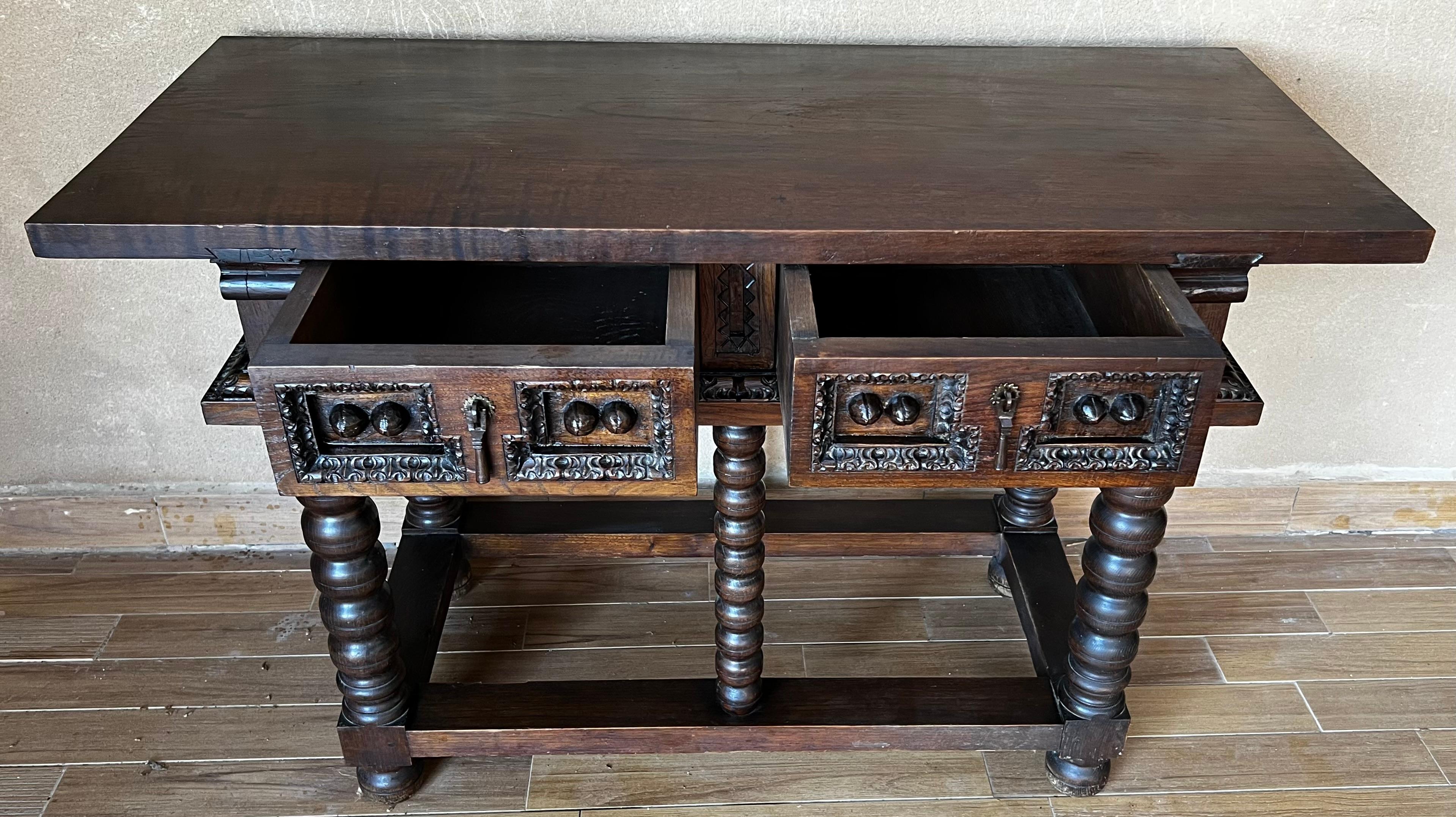 19th Spanish Console Two Side Table with Carved Drawers and Original Hardware 8