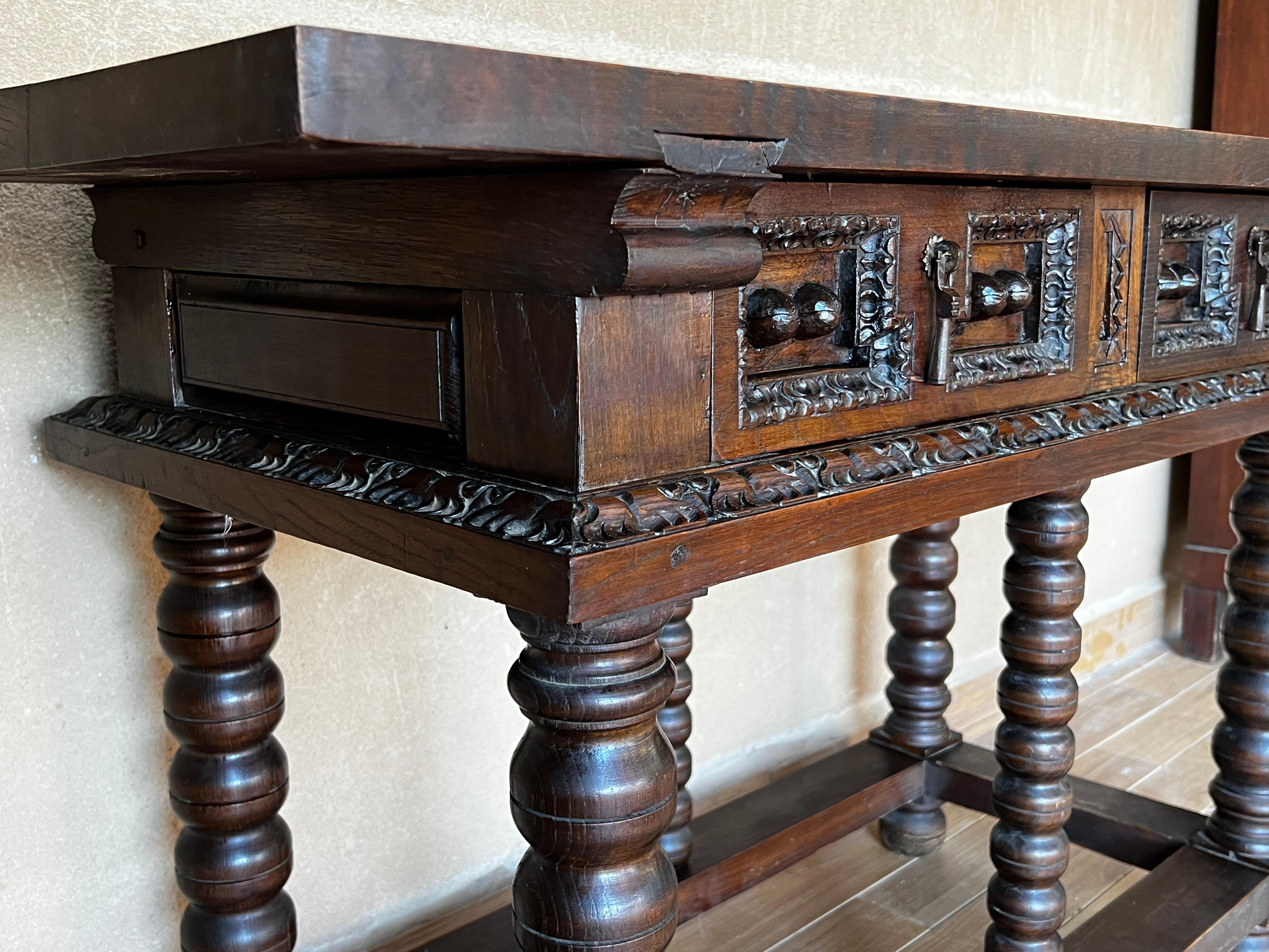 19th Spanish Console Two Side Table with Carved Drawers and Original Hardware 9