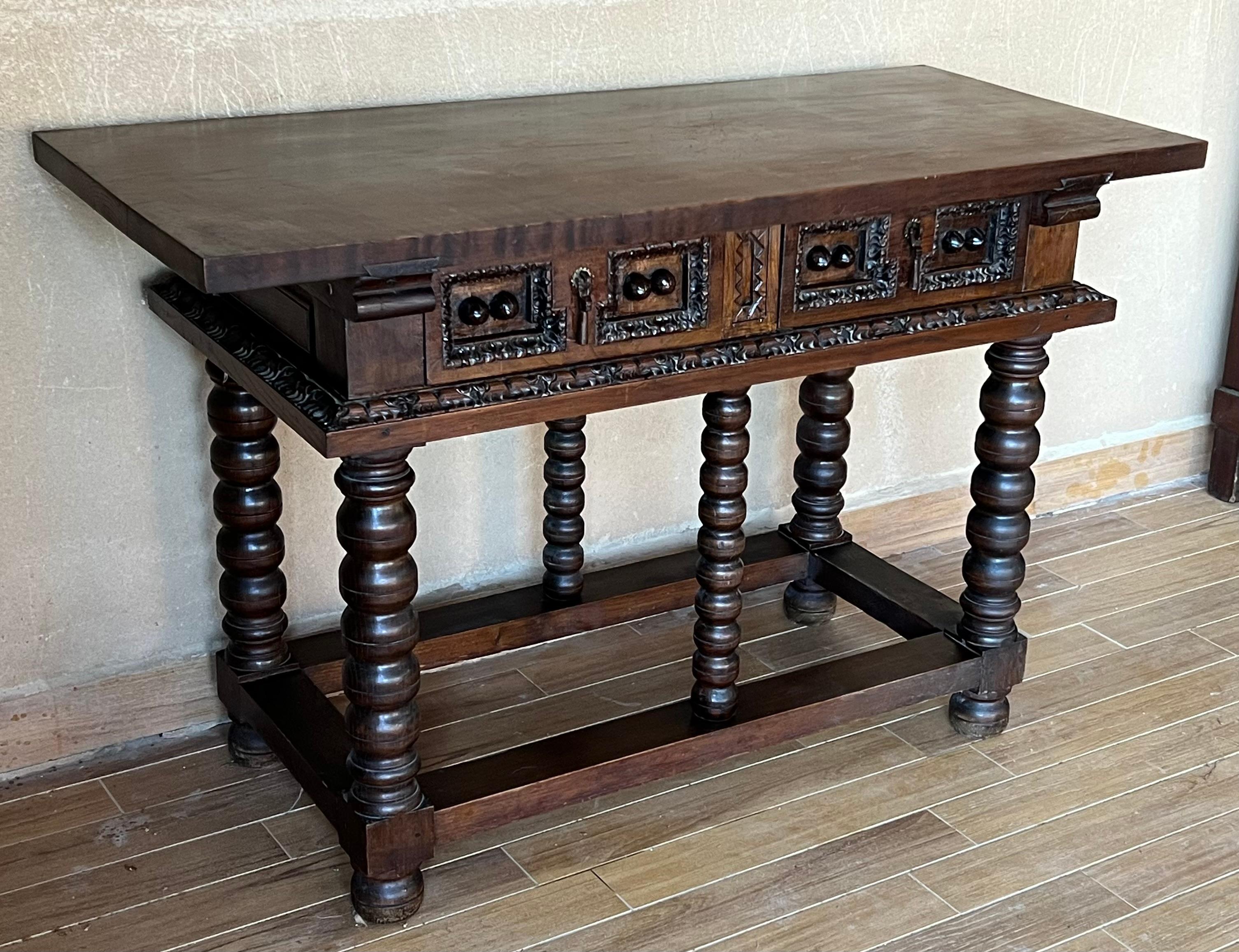 Baroque Revival 19th Spanish Console Two Side Table with Carved Drawers and Original Hardware