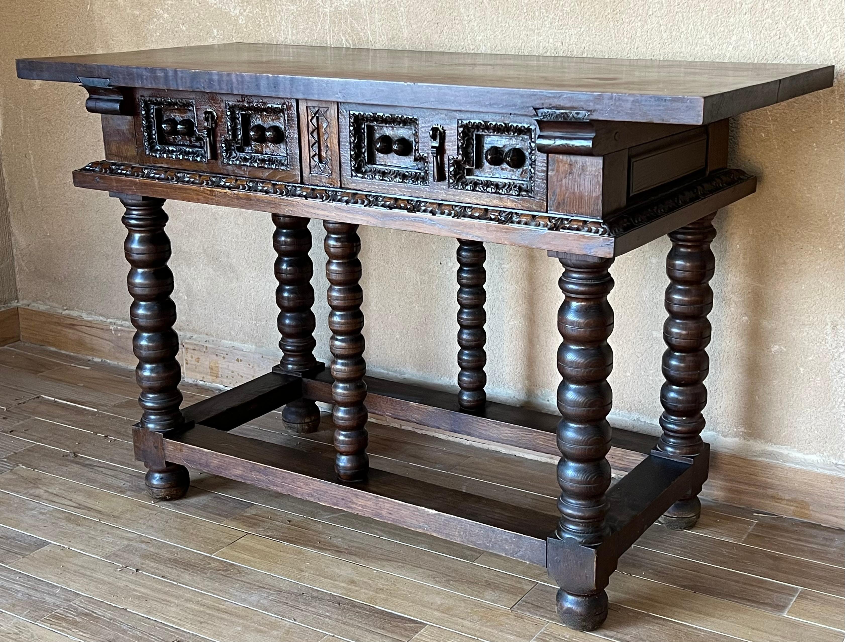 19th Spanish Console Two Side Table with Carved Drawers and Original Hardware In Good Condition In Miami, FL