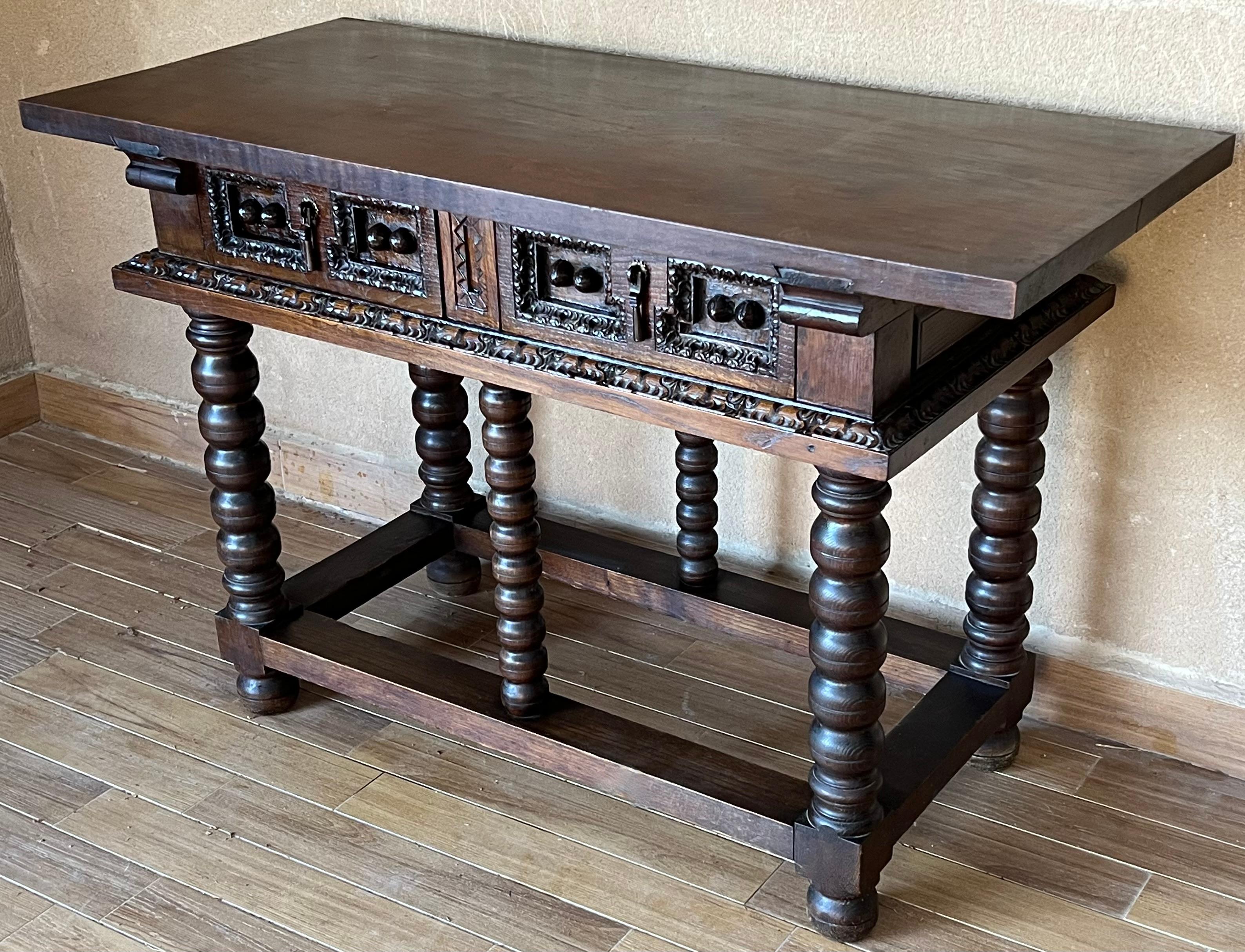 19th Century 19th Spanish Console Two Side Table with Carved Drawers and Original Hardware