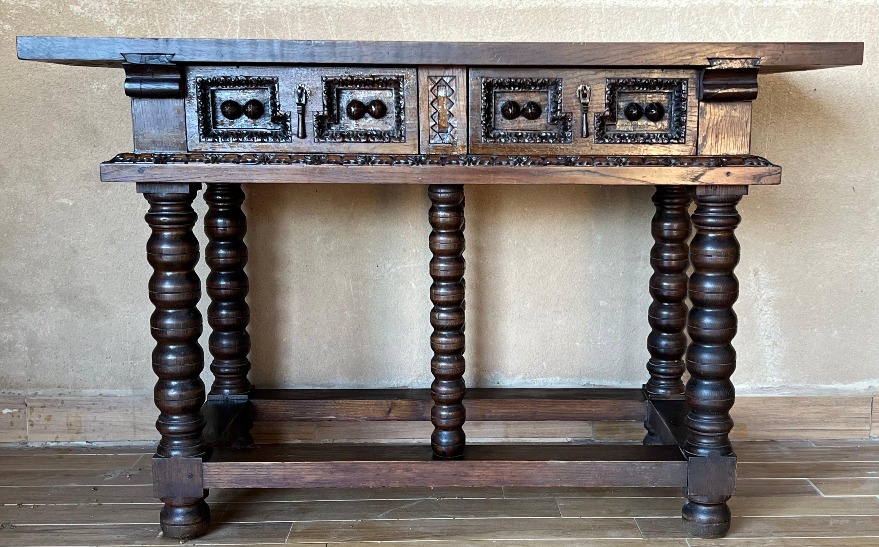 Iron 19th Spanish Console Two Side Table with Carved Drawers and Original Hardware