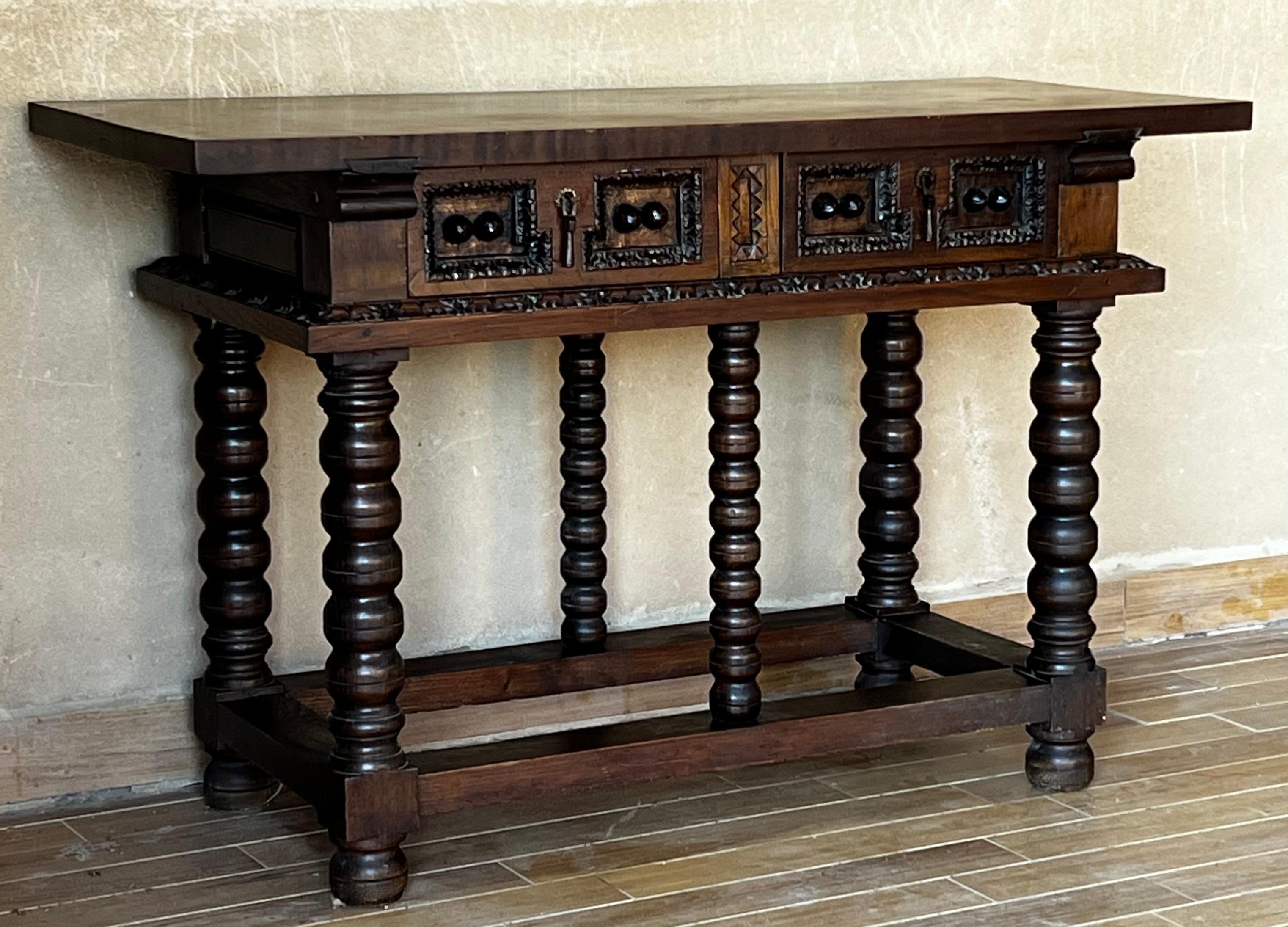 19th Spanish Console Two Side Table with Carved Drawers and Original Hardware 1