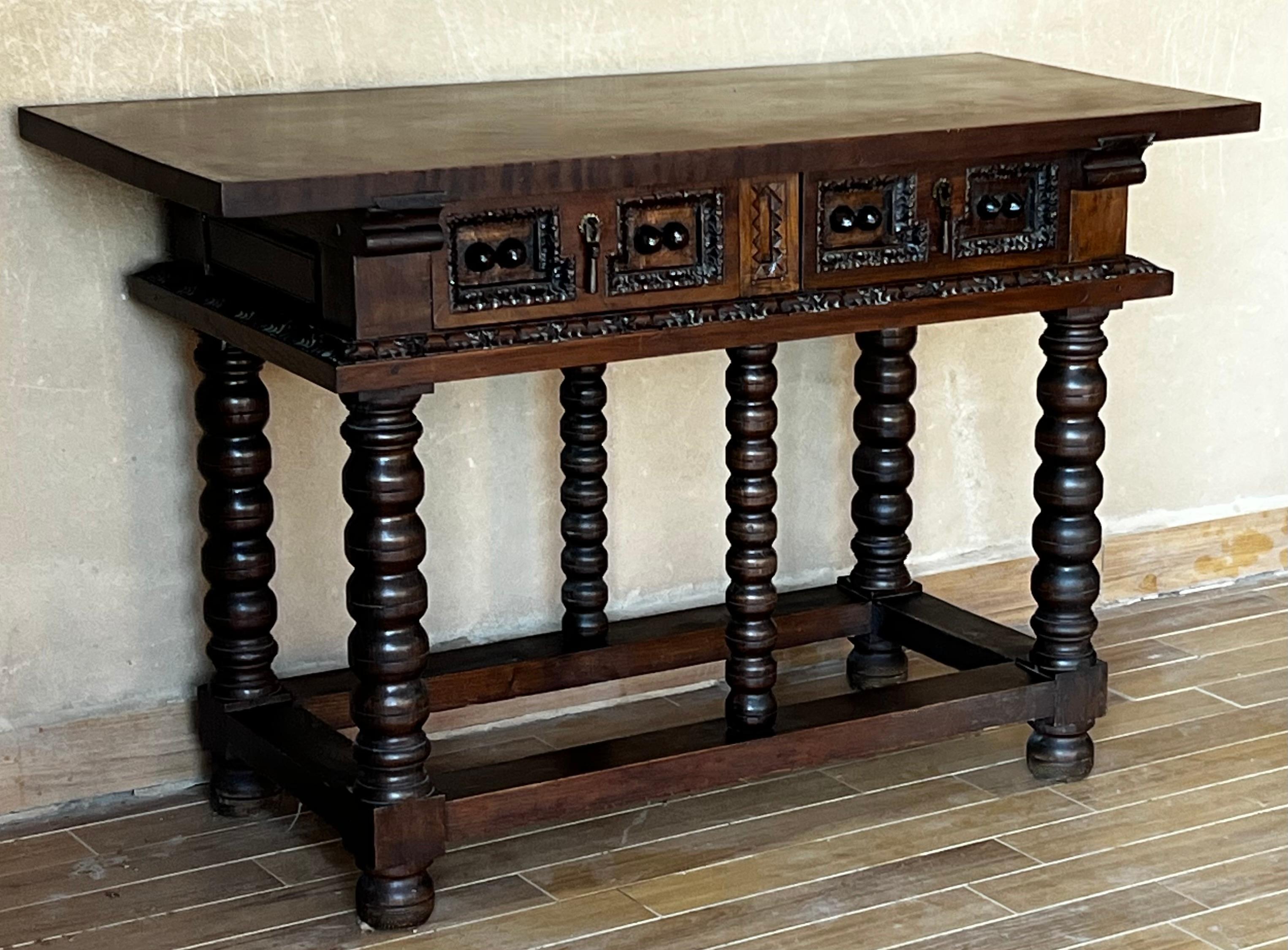 19th Spanish Console Two Side Table with Carved Drawers and Original Hardware 2