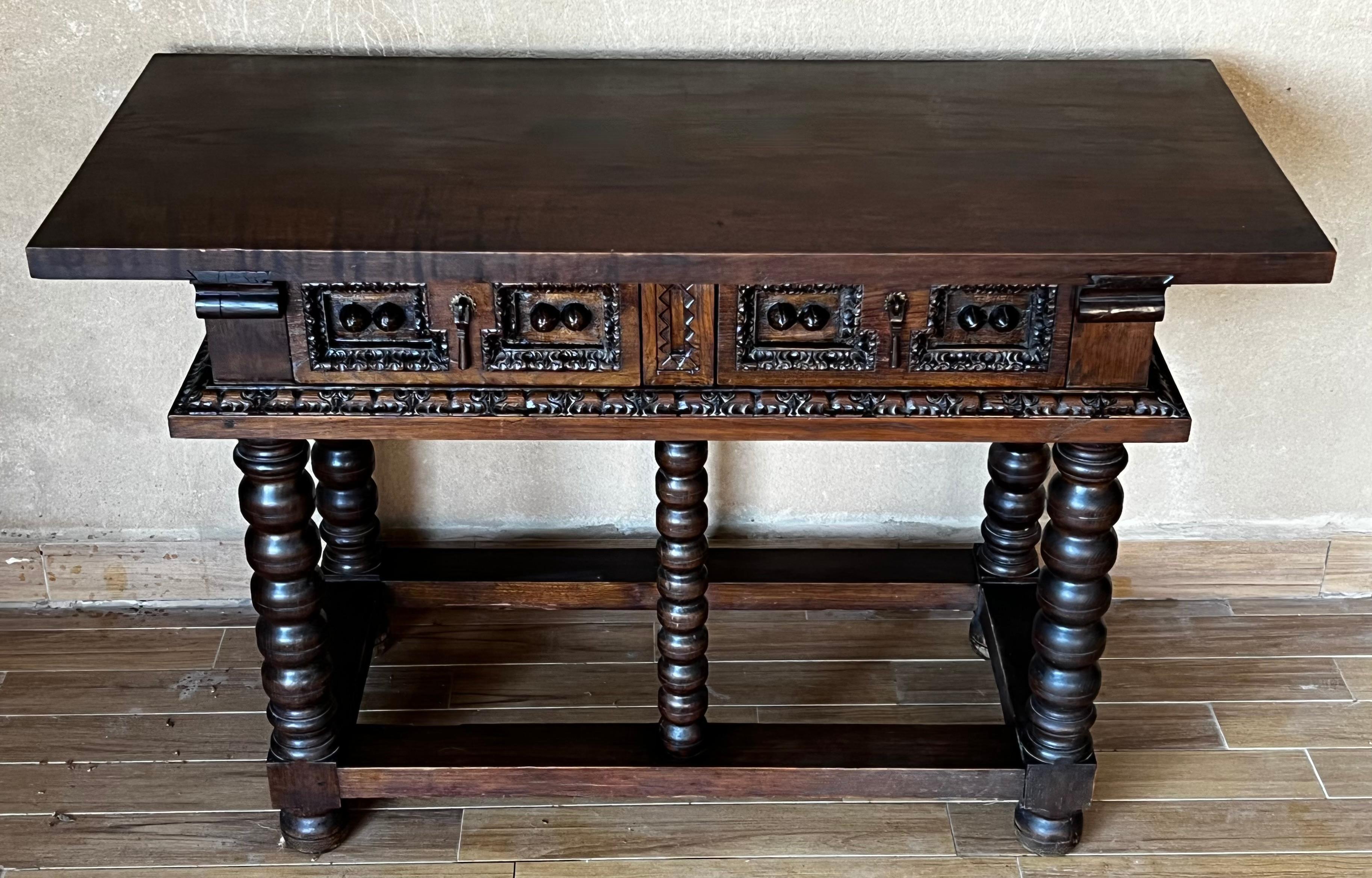 19th Spanish Console Two Side Table with Carved Drawers and Original Hardware 3