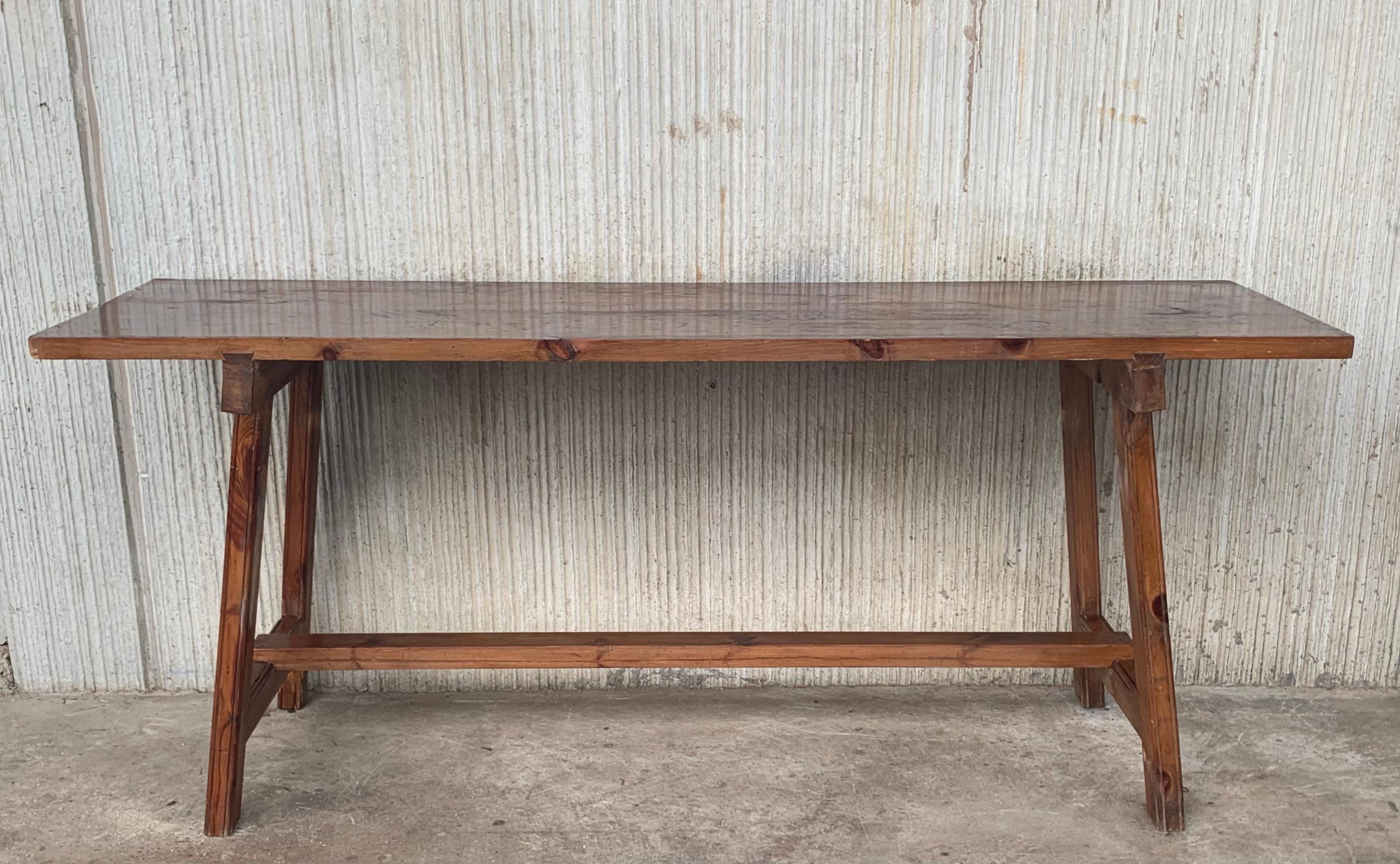 19th Spanish Country House pine farmhouse / prep console table with wood stretcher.