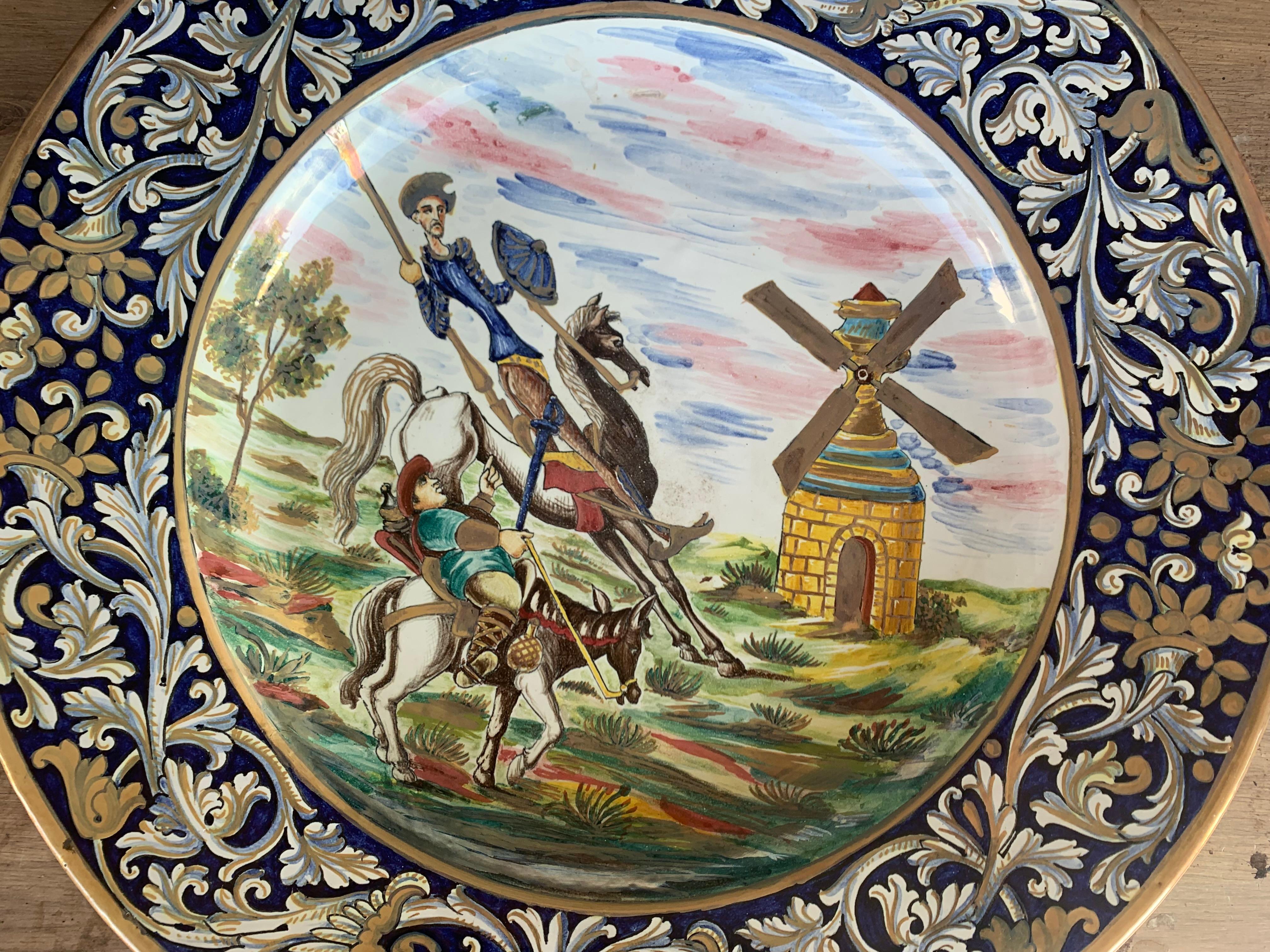 Dekorativer spanischer Platzteller aus dem 19. Jahrhundert mit der Darstellung des Don Quixote (Barock) im Angebot
