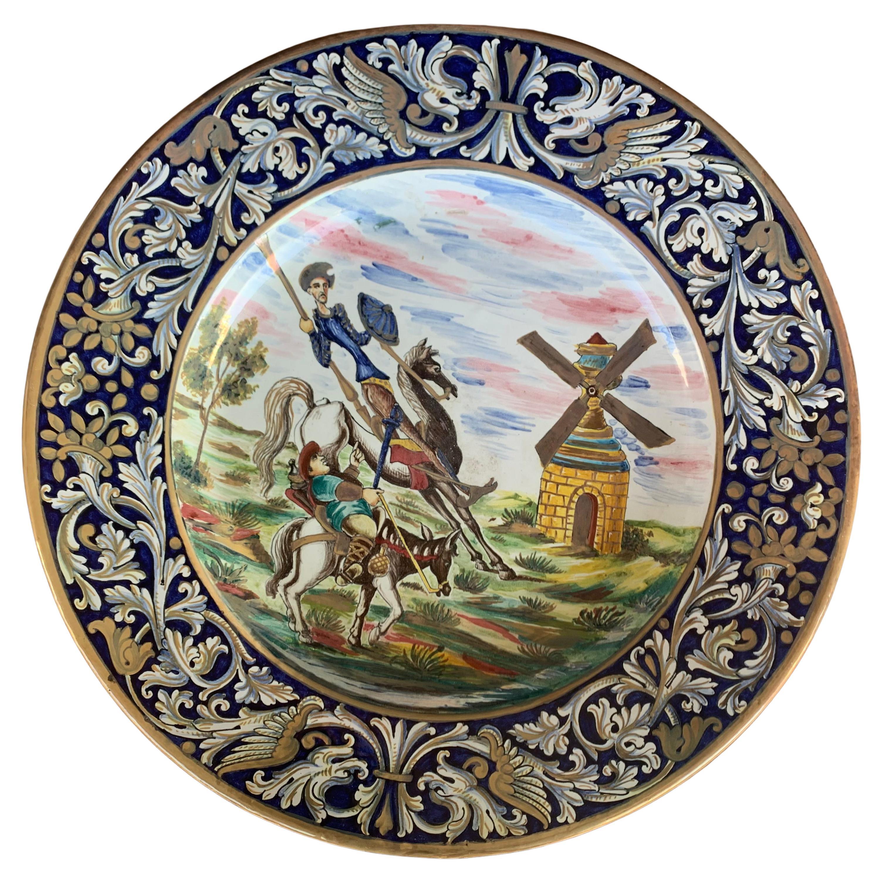 19th Spanish Decorative Charger Plate Depicting Don Quixote For Sale