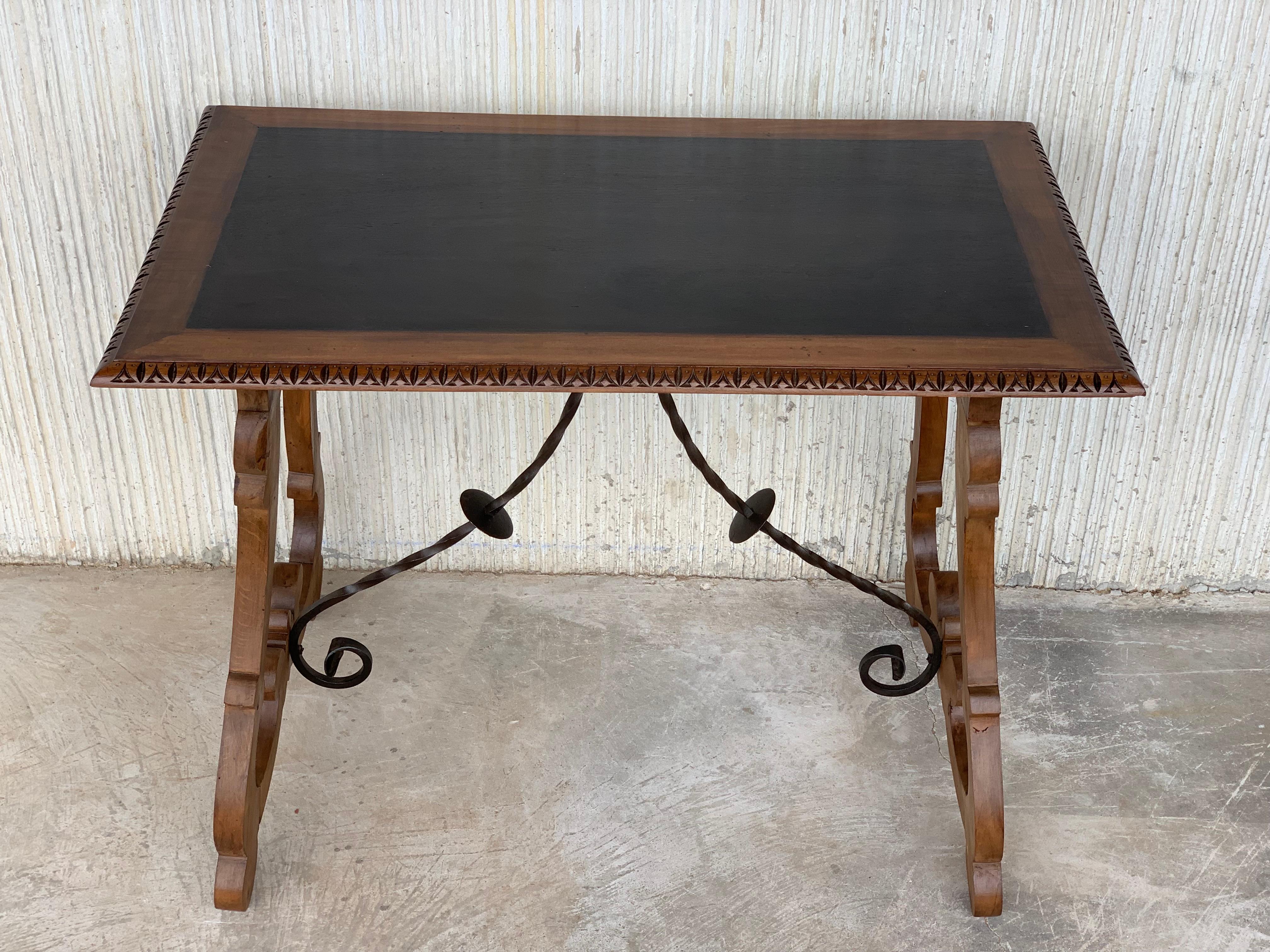Spanish Farm Table with Iron Stretchers and Hand Carved Top and Ebonized 7