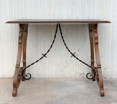 Spanish Farm Table with Iron Stretchers and Hand Carved Top and Ebonized