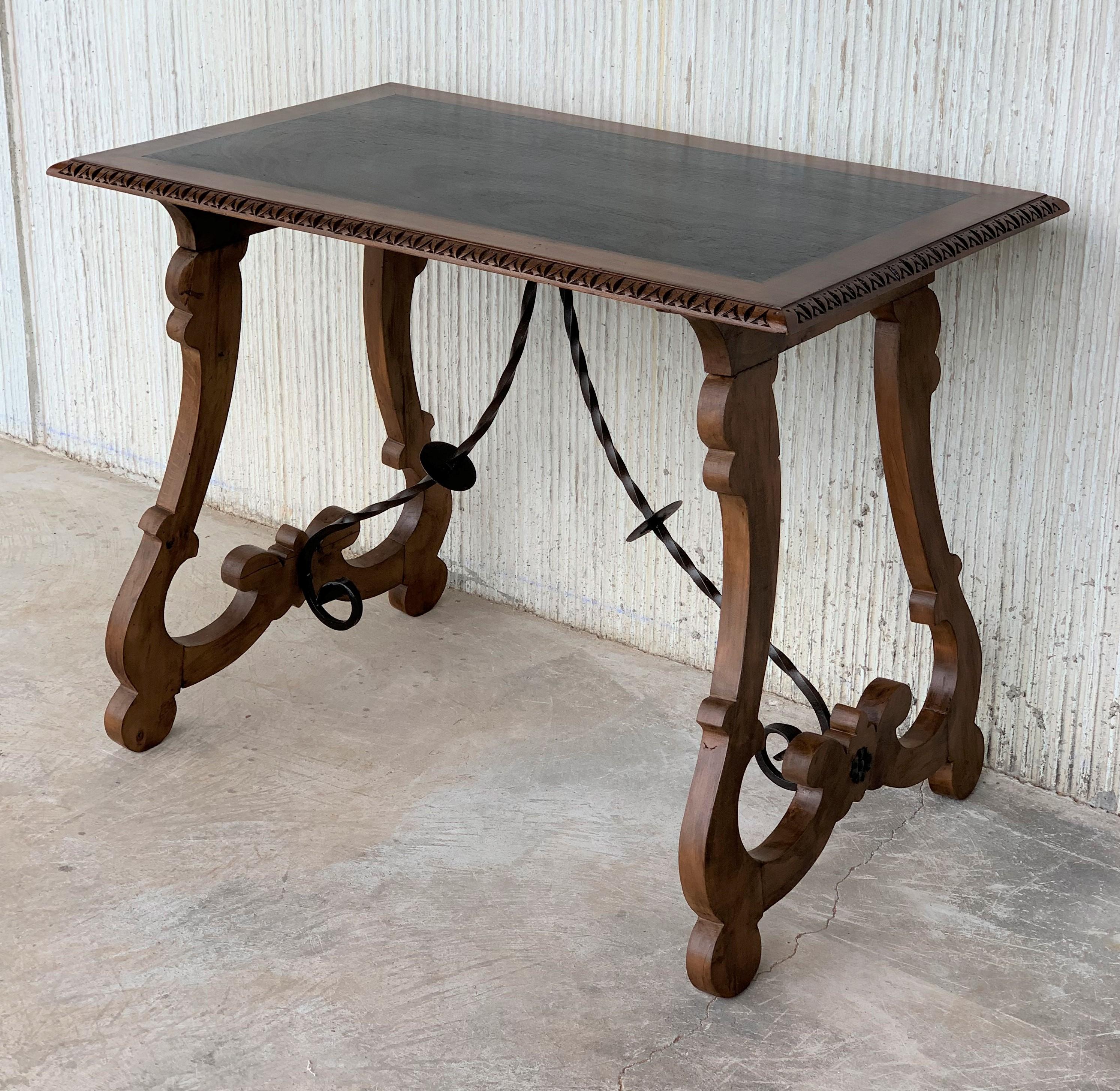 19th Century Spanish Farm Table with Iron Stretchers and Hand Carved Top and Ebonized