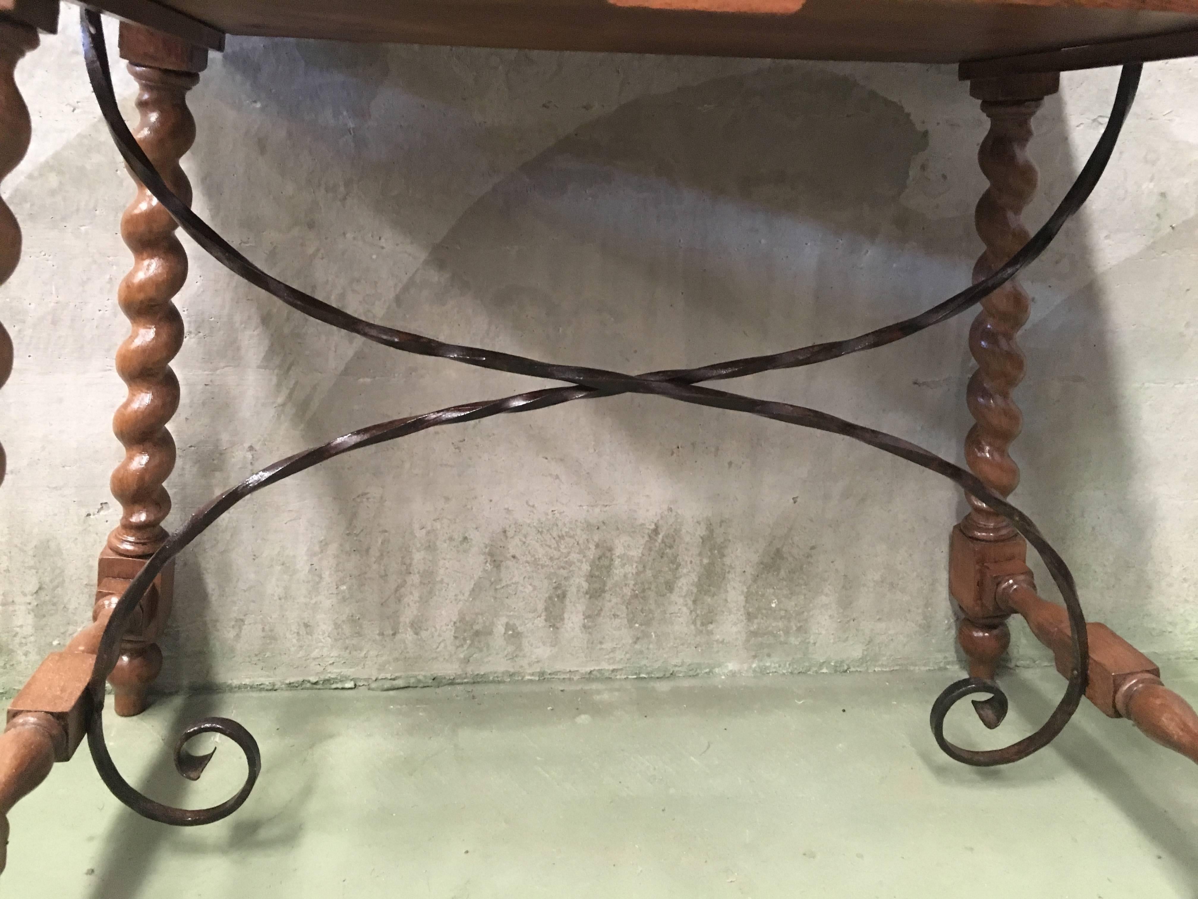 19th Spanish Farm Table with Iron Stretchers, Hand-Carved Top and Drawer 6