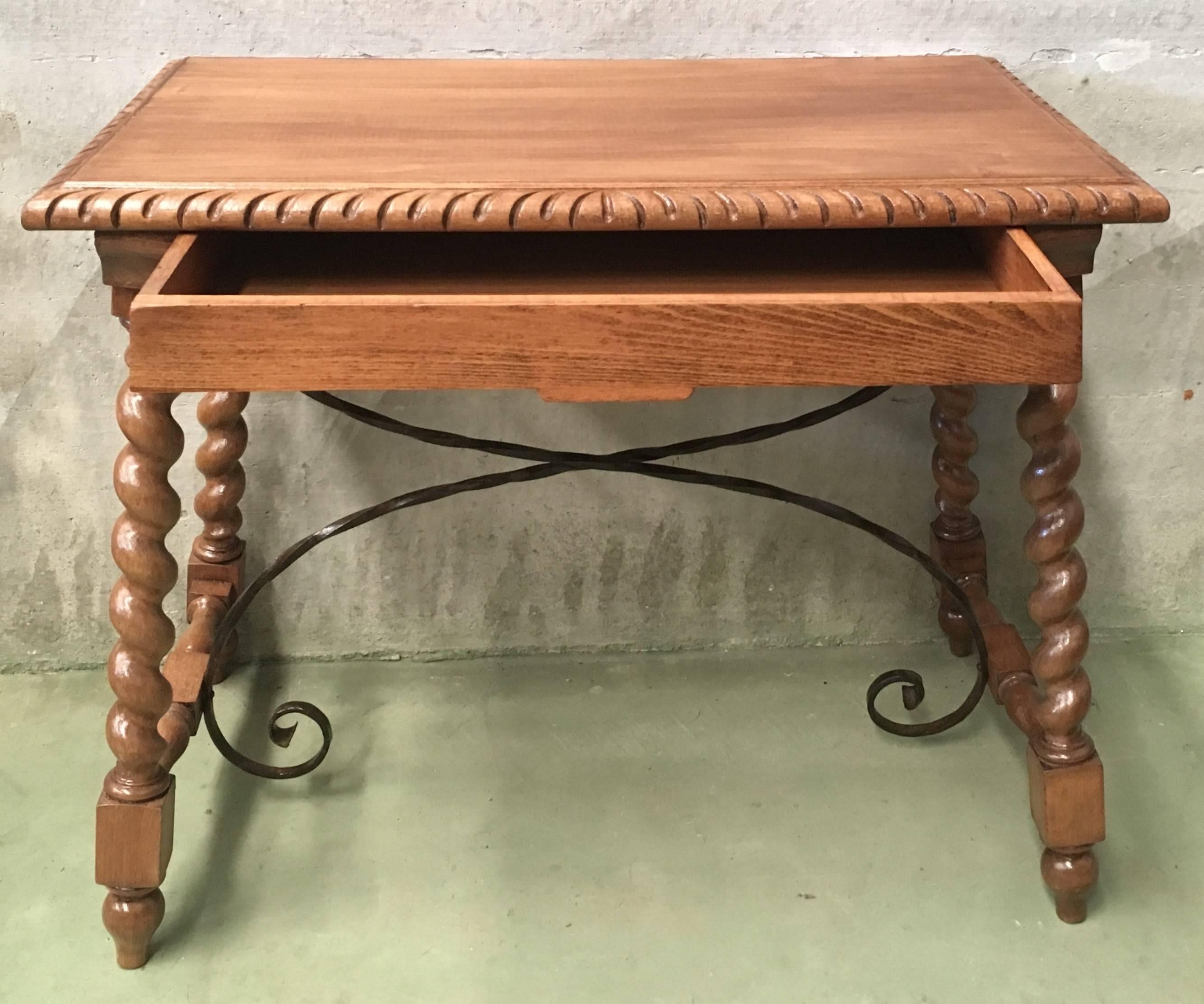 Spanish Colonial 19th Spanish Farm Table with Iron Stretchers, Hand-Carved Top and Drawer